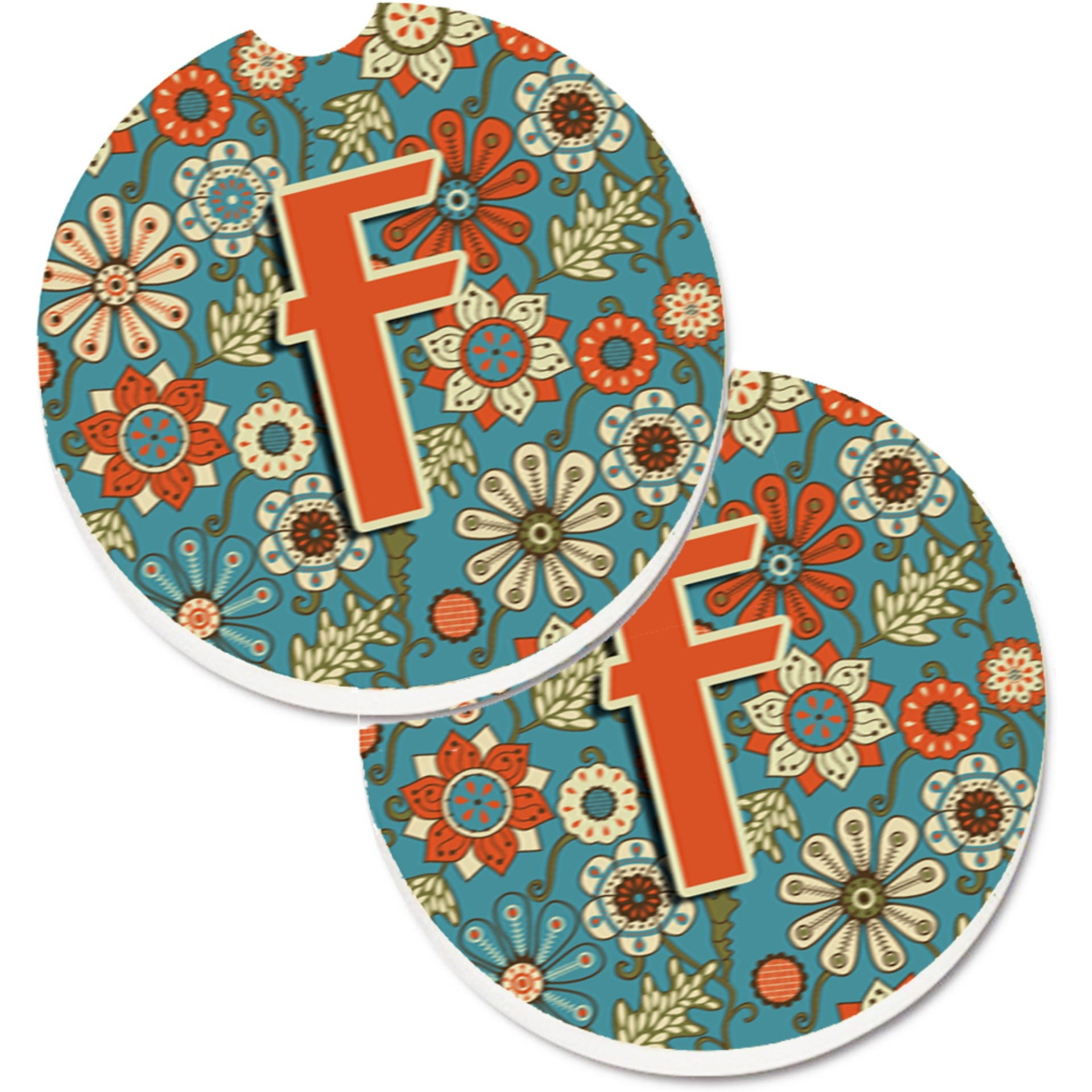 &quotCaroline's Treasures Letter F Flowers Retro Blue Set of 2 Cup Holder Car Coasters CJ2012-FCARC, 2.56, Multicolor"