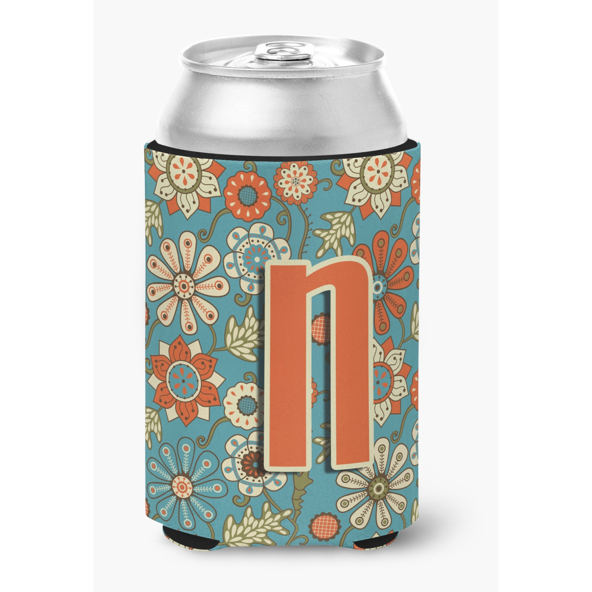 Letter N Flowers Retro Blue Can or Bottle Hugger CJ2012-NCC