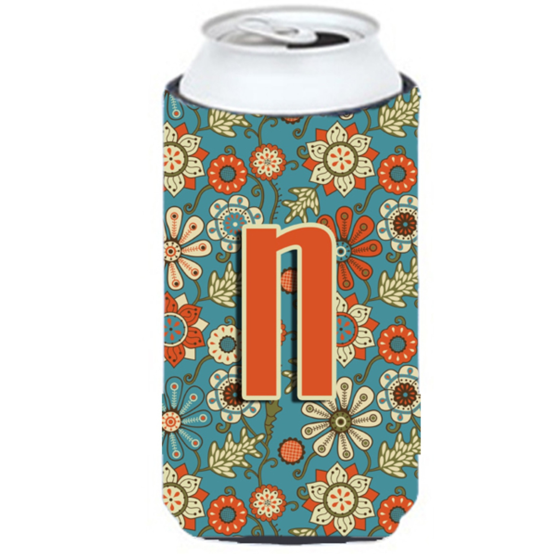Letter N Flowers Retro Blue Tall Boy Beverage Insulator Hugger CJ2012-NTBC