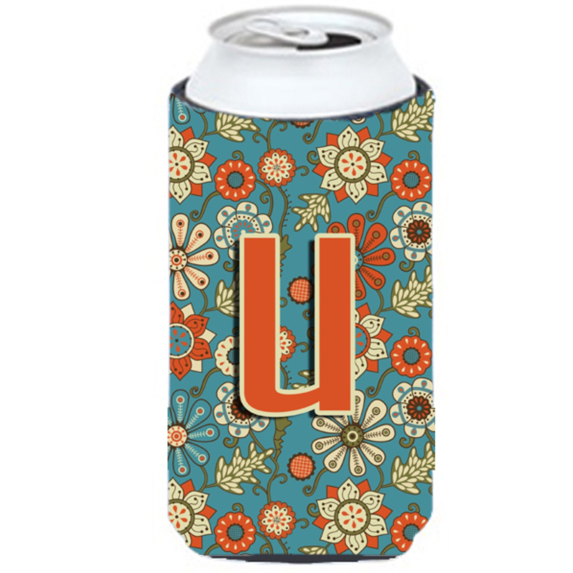 Letter U Flowers Retro Blue Tall Boy Beverage Insulator Hugger CJ2012-UTBC