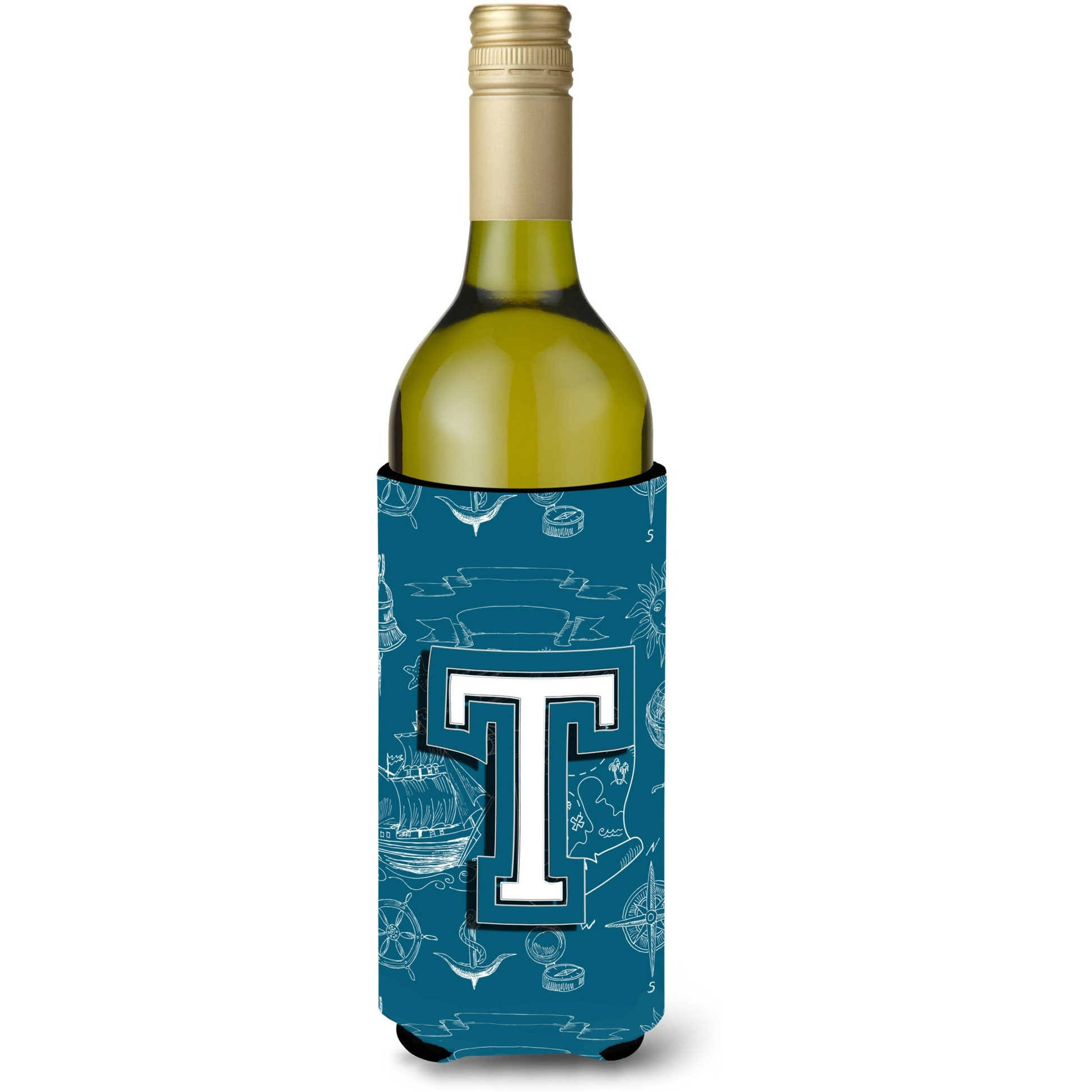 Letter T Sea Doodles Initial Alphabet Wine Bottle Beverage Insulator Hugger CJ2014-TLITERK