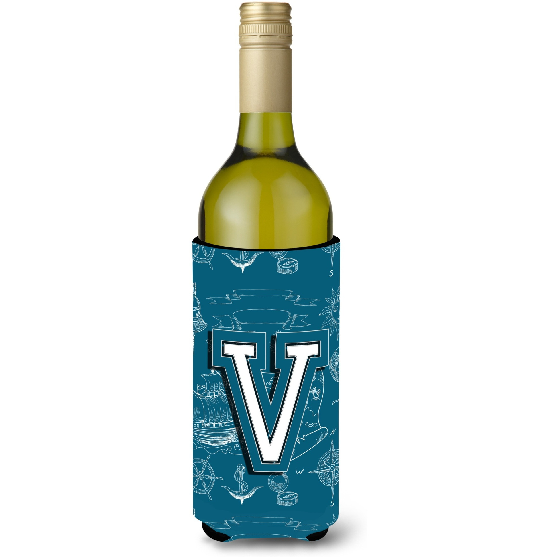 Letter V Sea Doodles Initial Alphabet Wine Bottle Beverage Insulator Hugger CJ2014-VLITERK