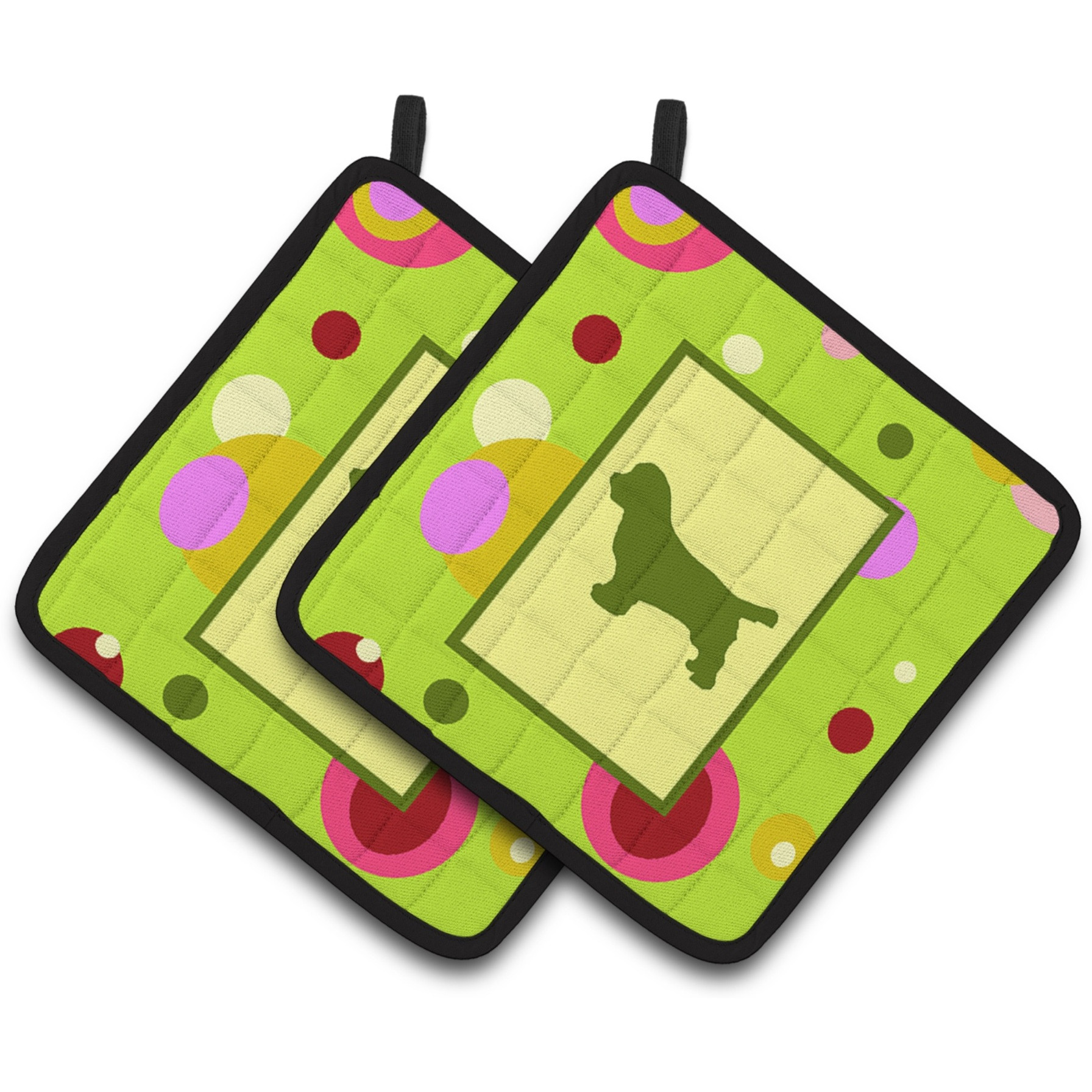 &quotCaroline's Treasures Lime green Dots Sussex Spaniel Pair of Pot Holders CK1061PTHD, 7.5HX7.5W, Multicolor"
