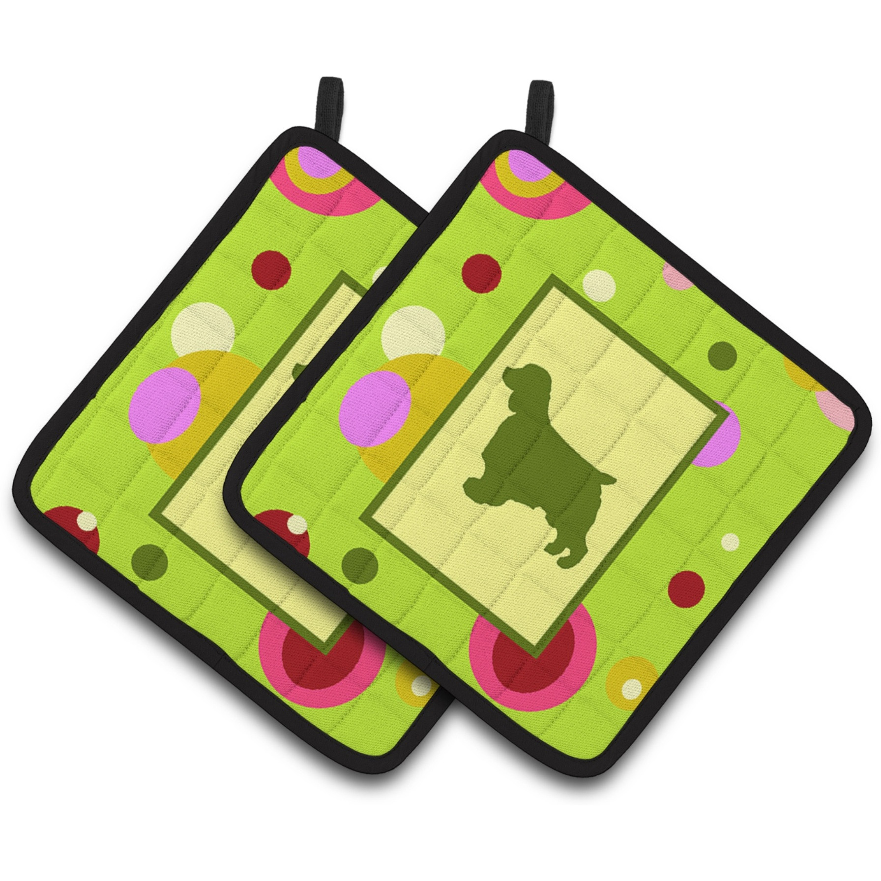 &quotCaroline's Treasures Lime green Dots Welch Springer Spaniel Pair of Pot Holders CK1064PTHD, 7.5HX7.5W, Multicolor"