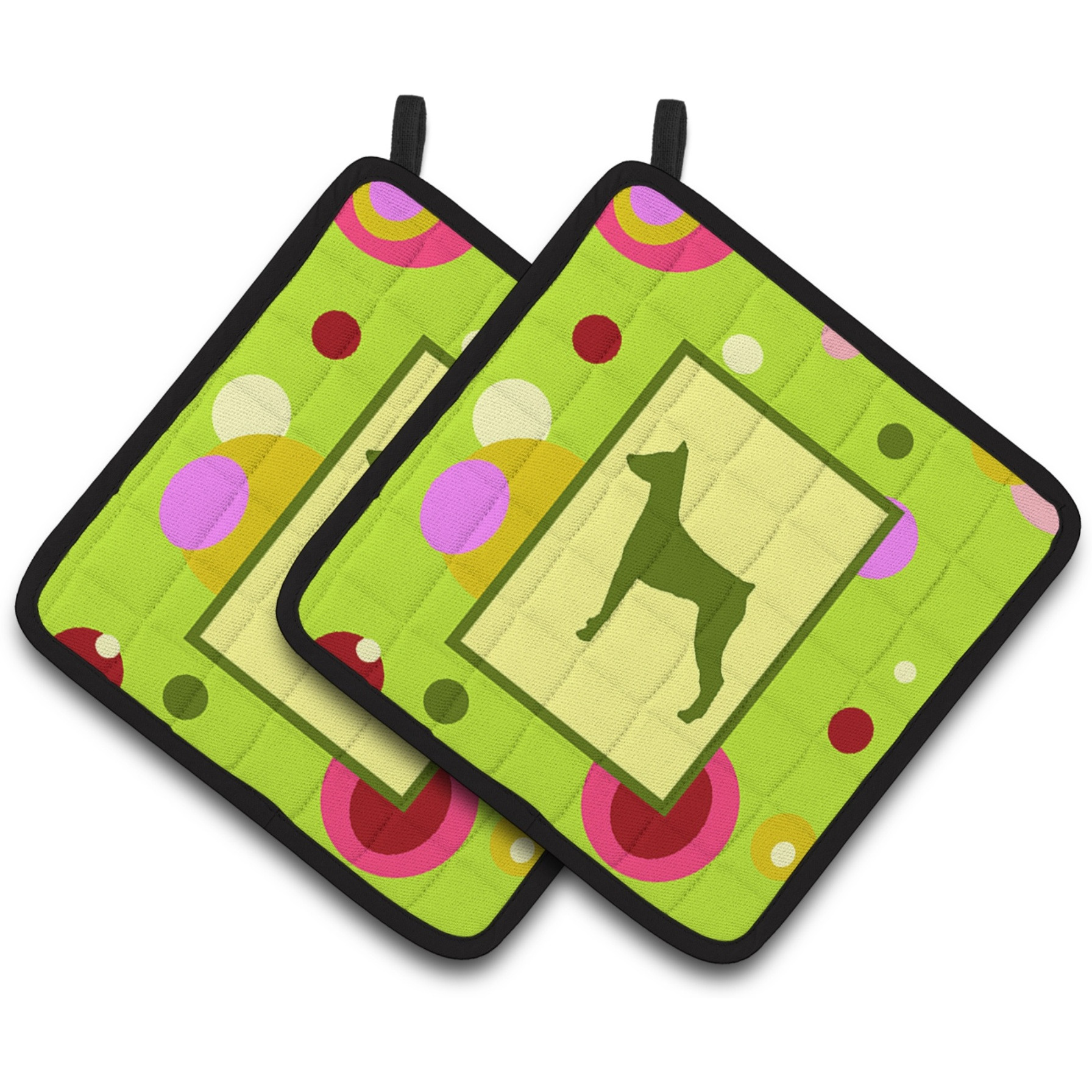 &quotCaroline's Treasures Lime green Dots German Pinscher Pair of Pot Holders CK1078PTHD, 7.5HX7.5W, Multicolor"