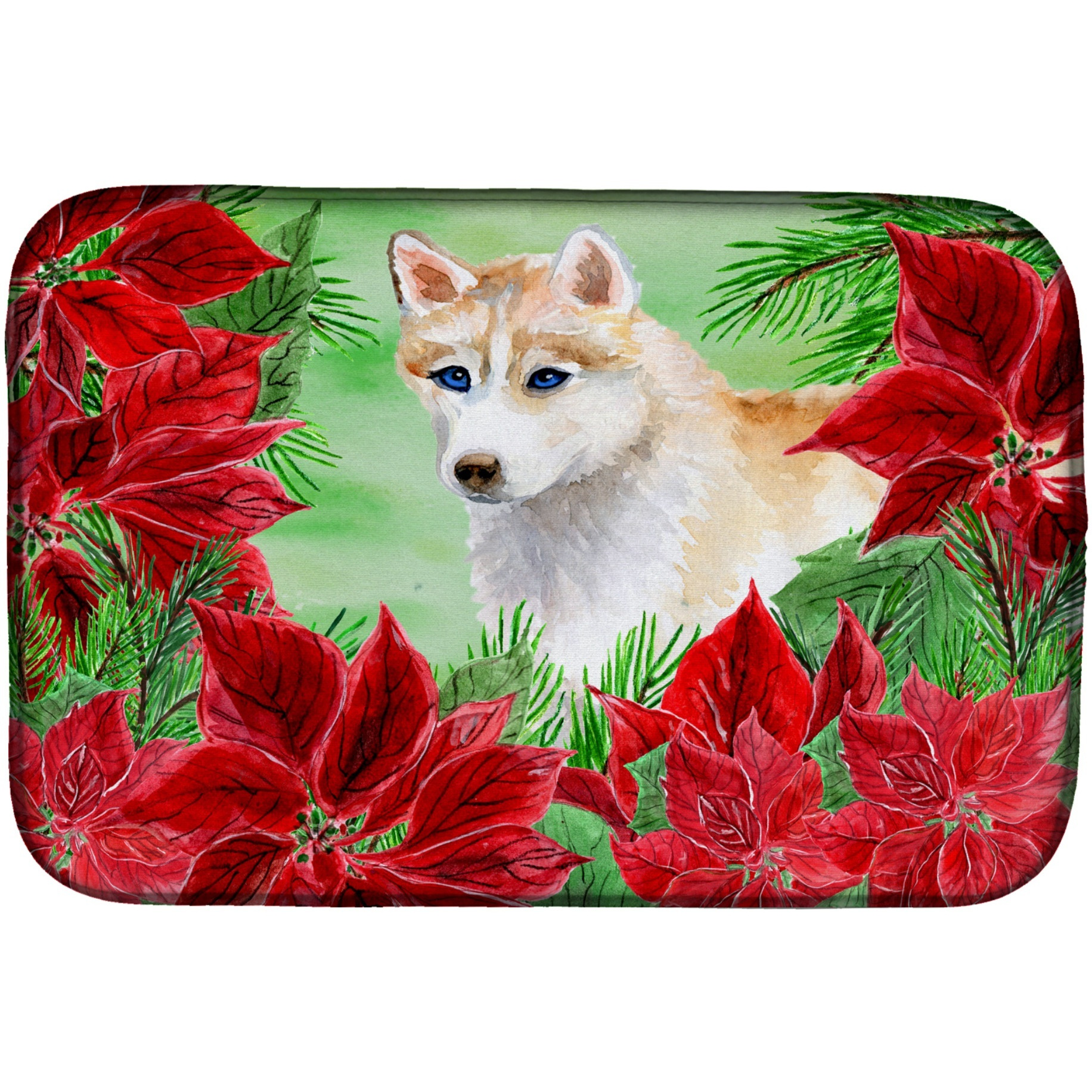 &quotCaroline's Treasures Siberian Husky Poinsettias Dish Drying Mat, 14"" x 21"", Christmas Poinsettas"