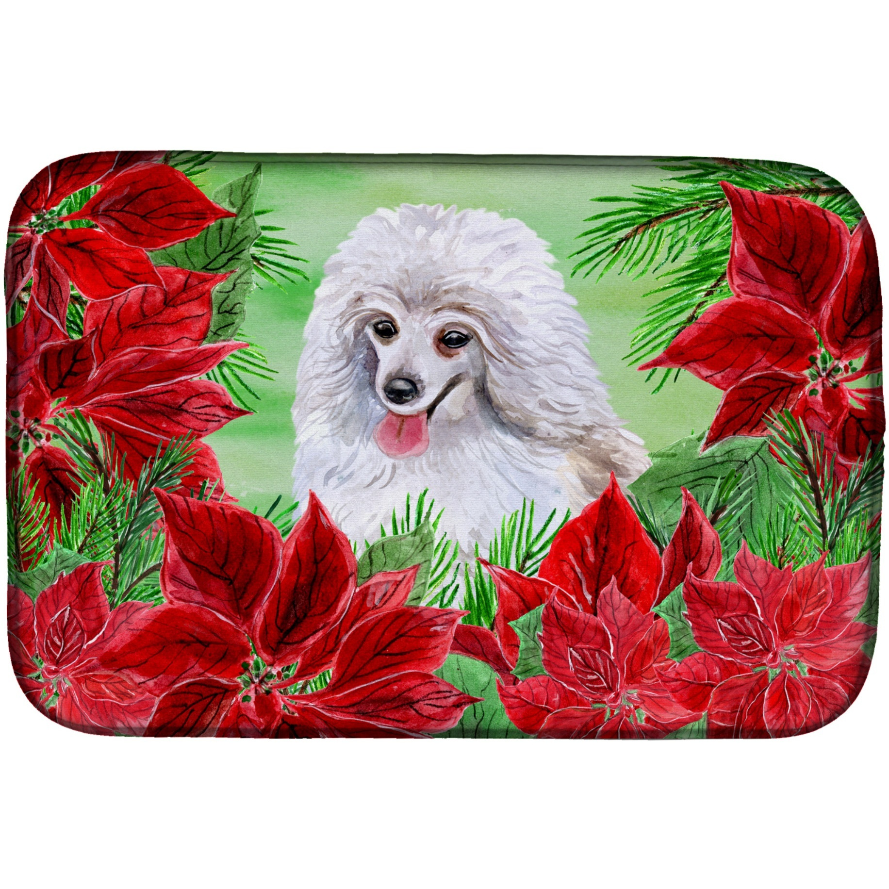 &quotCaroline's Treasures Medium White Poodle Poinsettias Dish Drying Mat, 14"" x 21"", Christmas Poinsettas"