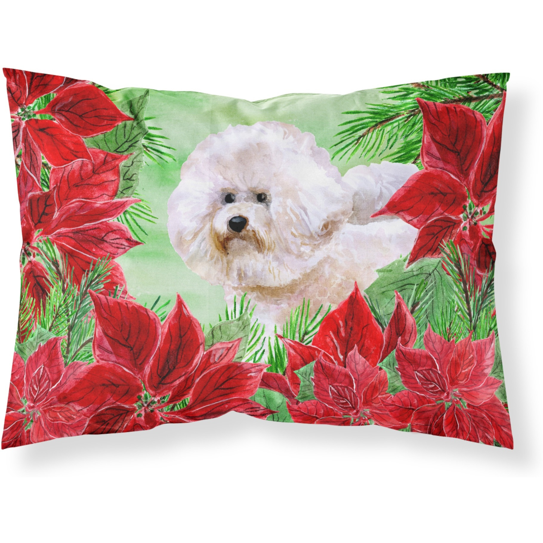 &quotCaroline's Treasures Bichon Frise 2 Poinsettias Printed, Polyester, 250 Thread count, Envelope closure Pillowcase, Standard, Multicolor"