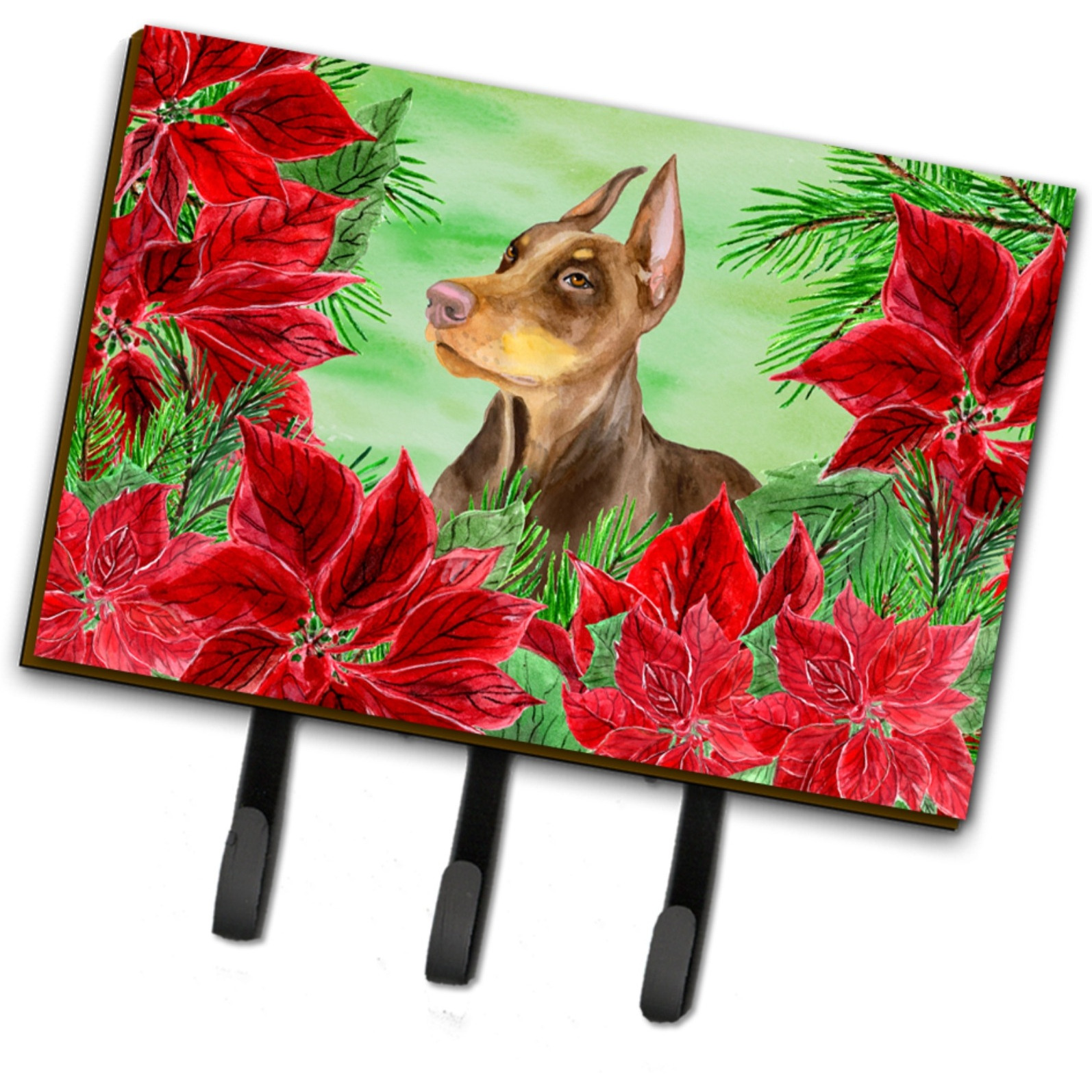 &quotCaroline's Treasures Doberman Pinscher Poinsettias Wall Hook, Triple, Christmas Poinsettas"