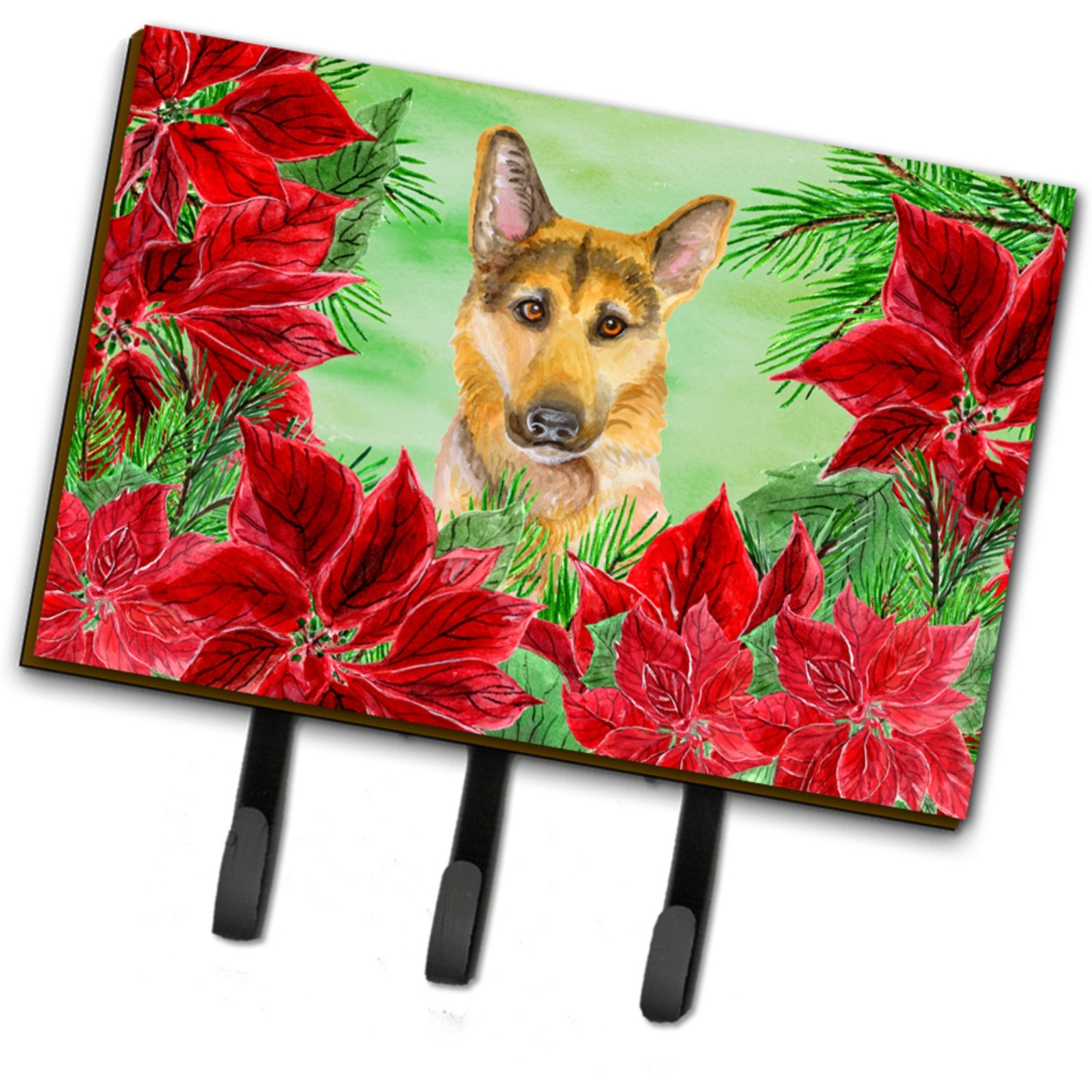 &quotCaroline's Treasures German Shepherd 2 Poinsettias Wall Hook, Triple, Christmas Poinsettas"