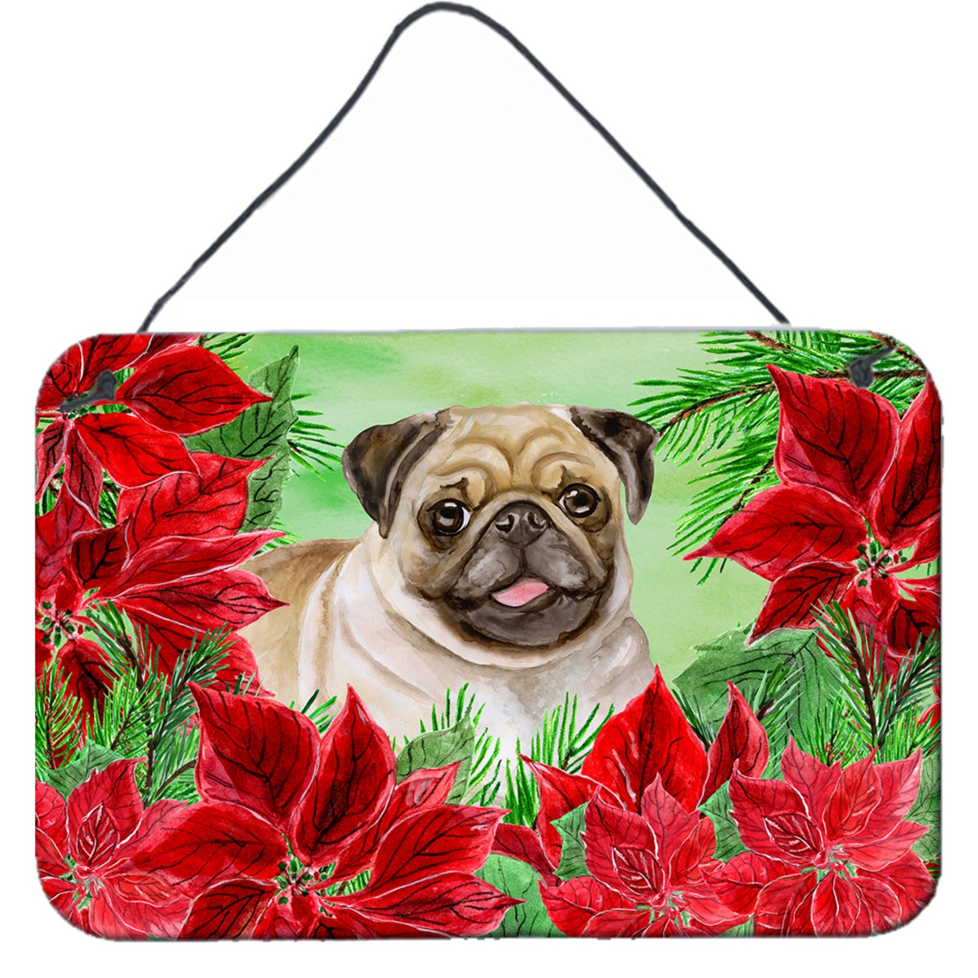 &quotCaroline's Treasures Fawn Pug Poinsettias Metal Print, 8"" x 12"", Christmas Poinsettas"