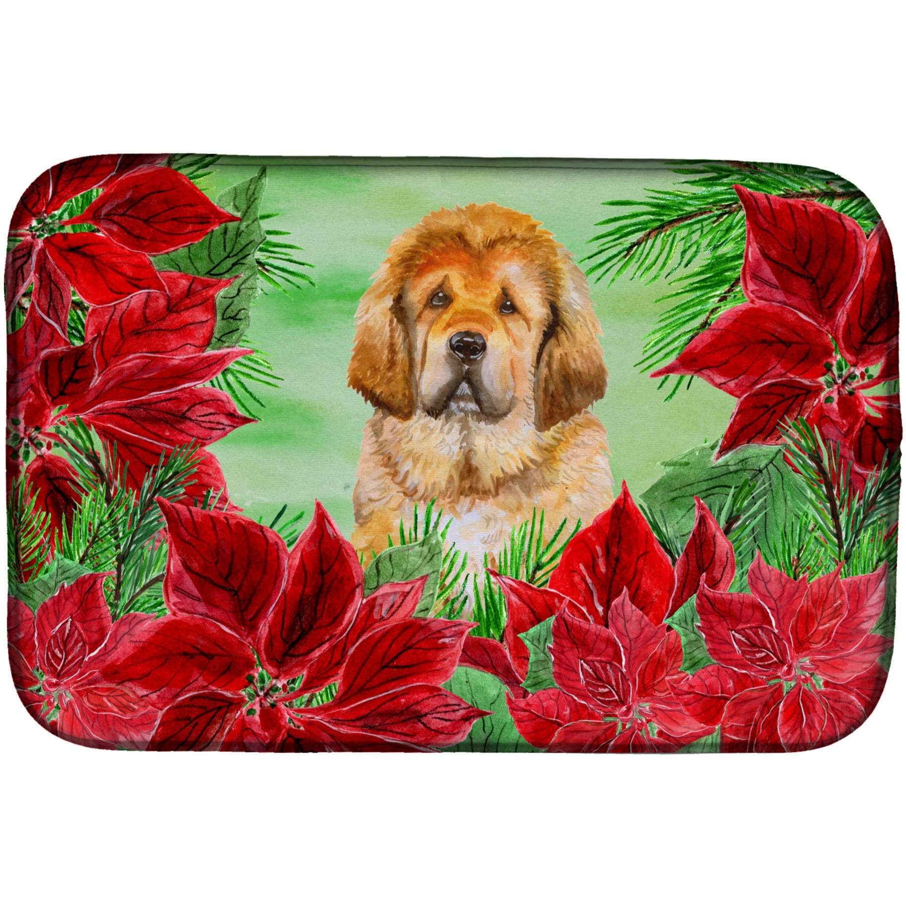 &quotCaroline's Treasures Tibetan Mastiff Poinsettias Dish Drying Mat, 14"" x 21"", Christmas Poinsettas"