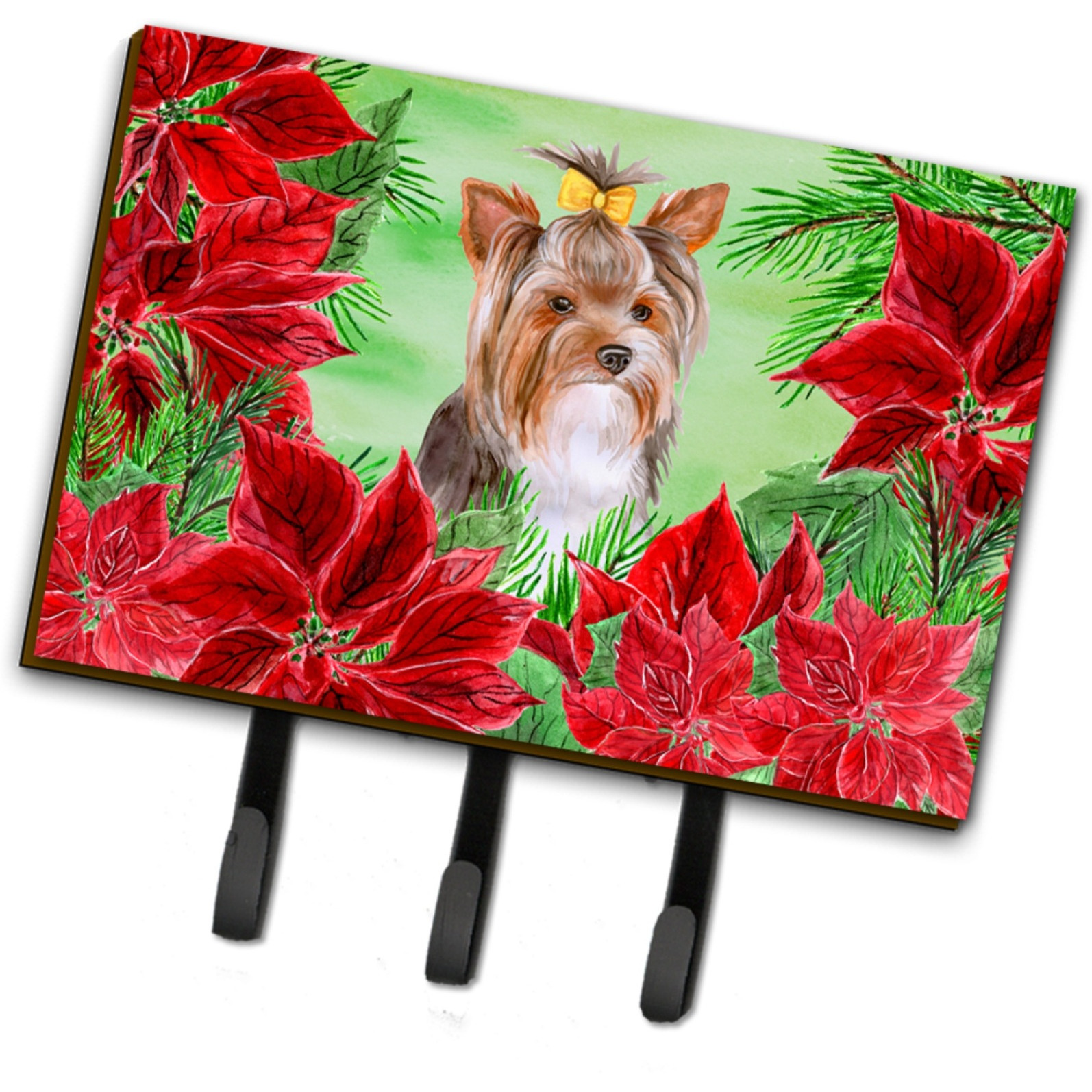 &quotCaroline's Treasures Yorkshire Terrier 2 Poinsettias Wall Hook, Triple, Christmas Poinsettas"