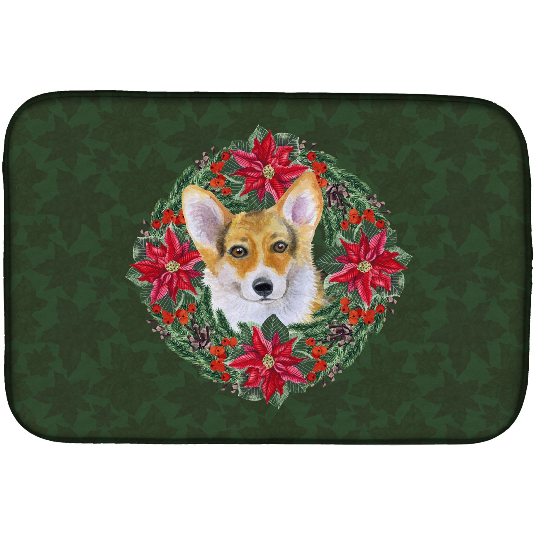 &quotCaroline's Treasures Pembroke Corgi Poinsettia Dish Drying Mat, 14"" x 21"", Christmas Wreath"