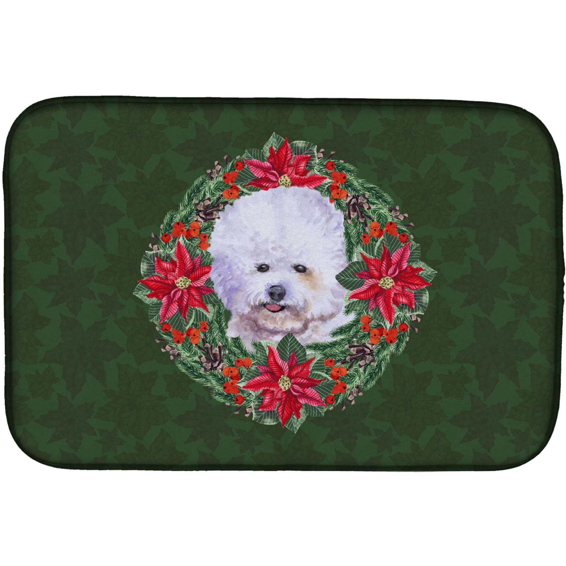 &quotCaroline's Treasures Bichon Frise Poinsettia Dish Drying Mat, 14"" x 21"", Christmas Wreath"