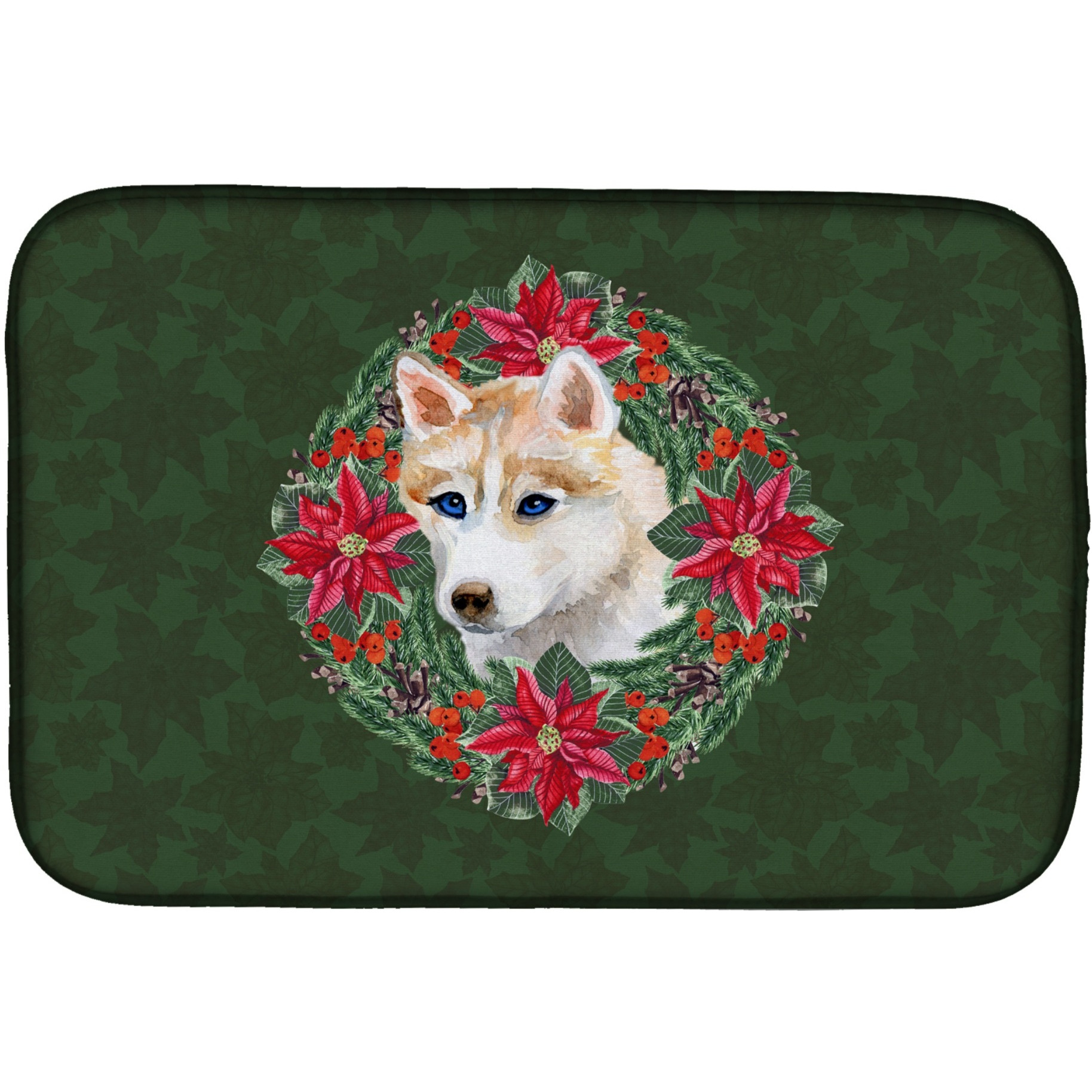 &quotCaroline's Treasures Siberian Husky Poinsettia Dish Drying Mat, 14"" x 21"", Christmas Wreath"