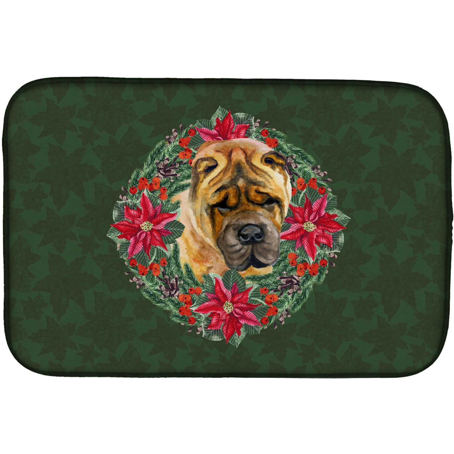 &quotCaroline's Treasures Shar Pei Poinsettia Dish Drying Mat, 14"" x 21"", Christmas Wreath"