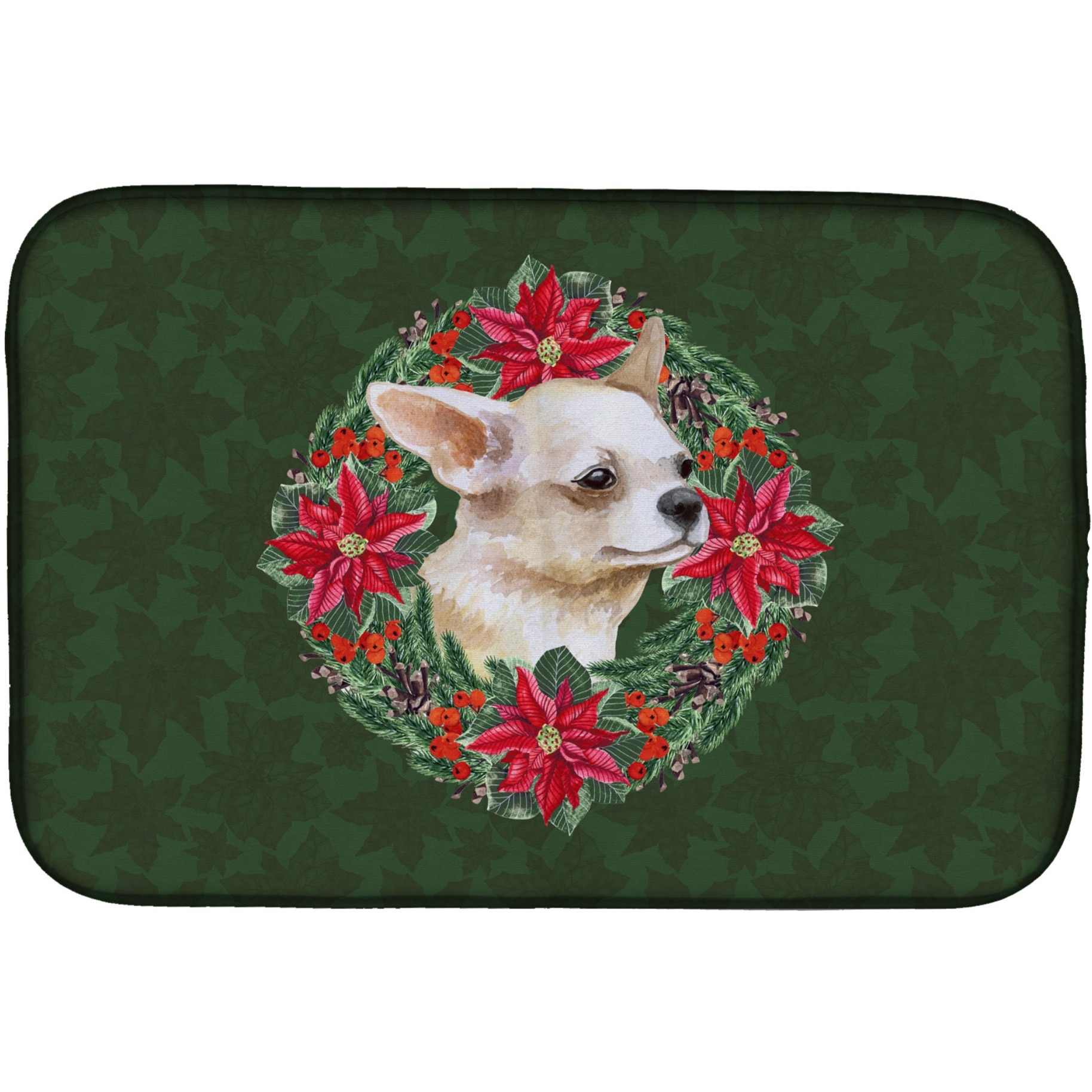 &quotCaroline's Treasures Chihuahua Leg Up Poinsettia Dish Drying Mat, 14"" x 21"", Christmas Wreath"