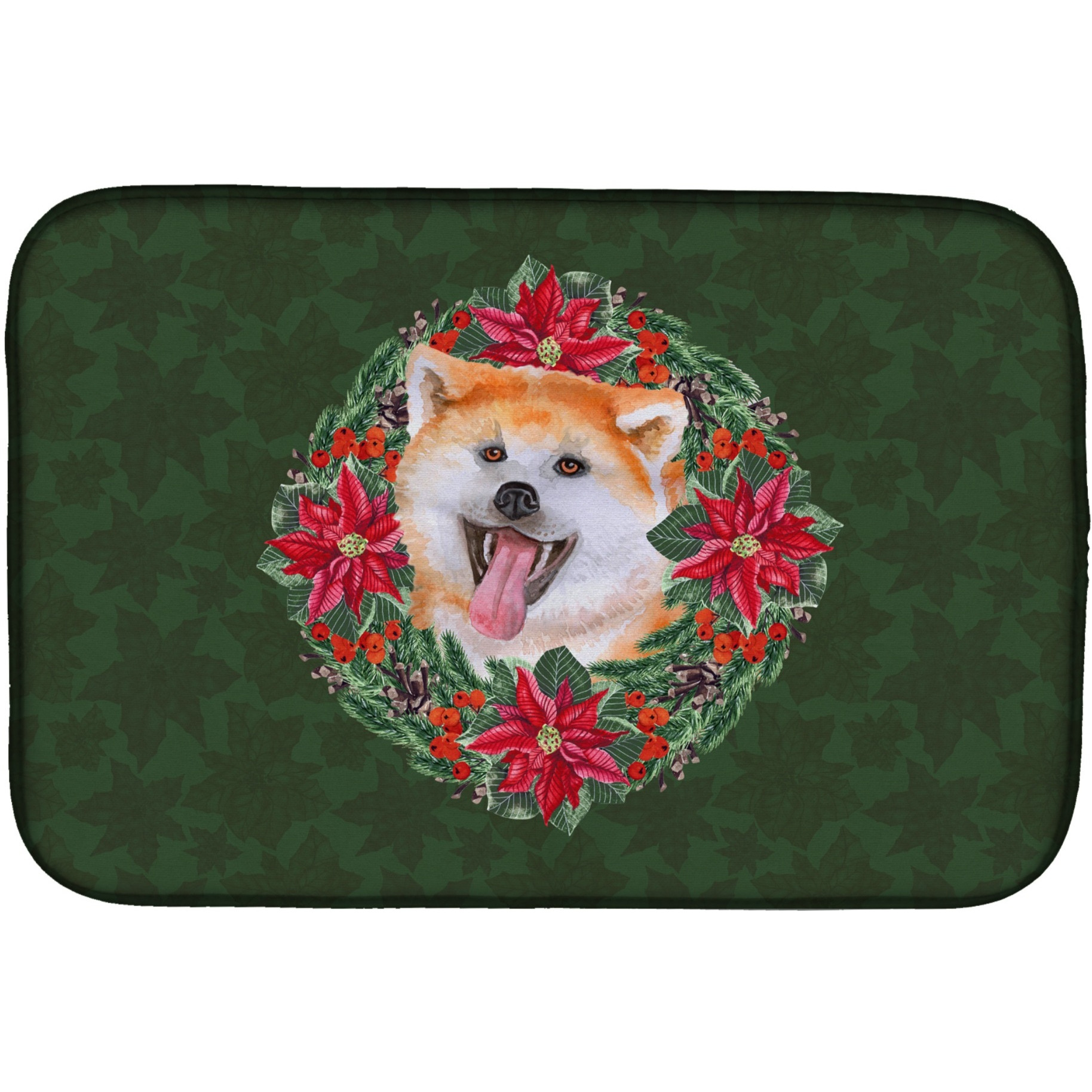 &quotCaroline's Treasures Akita Poinsettia Dish Drying Mat, 14"" x 21"", Christmas Wreath"