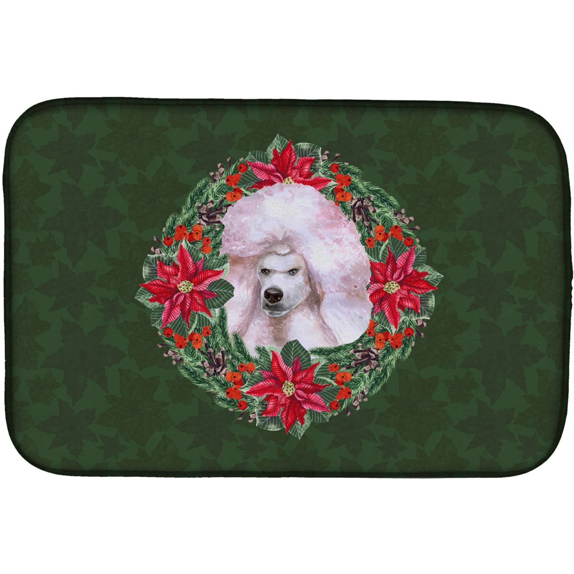&quotCaroline's Treasures White Standard Poodle Poinsettia Dish Drying Mat, 14"" x 21"", Christmas Wreath"