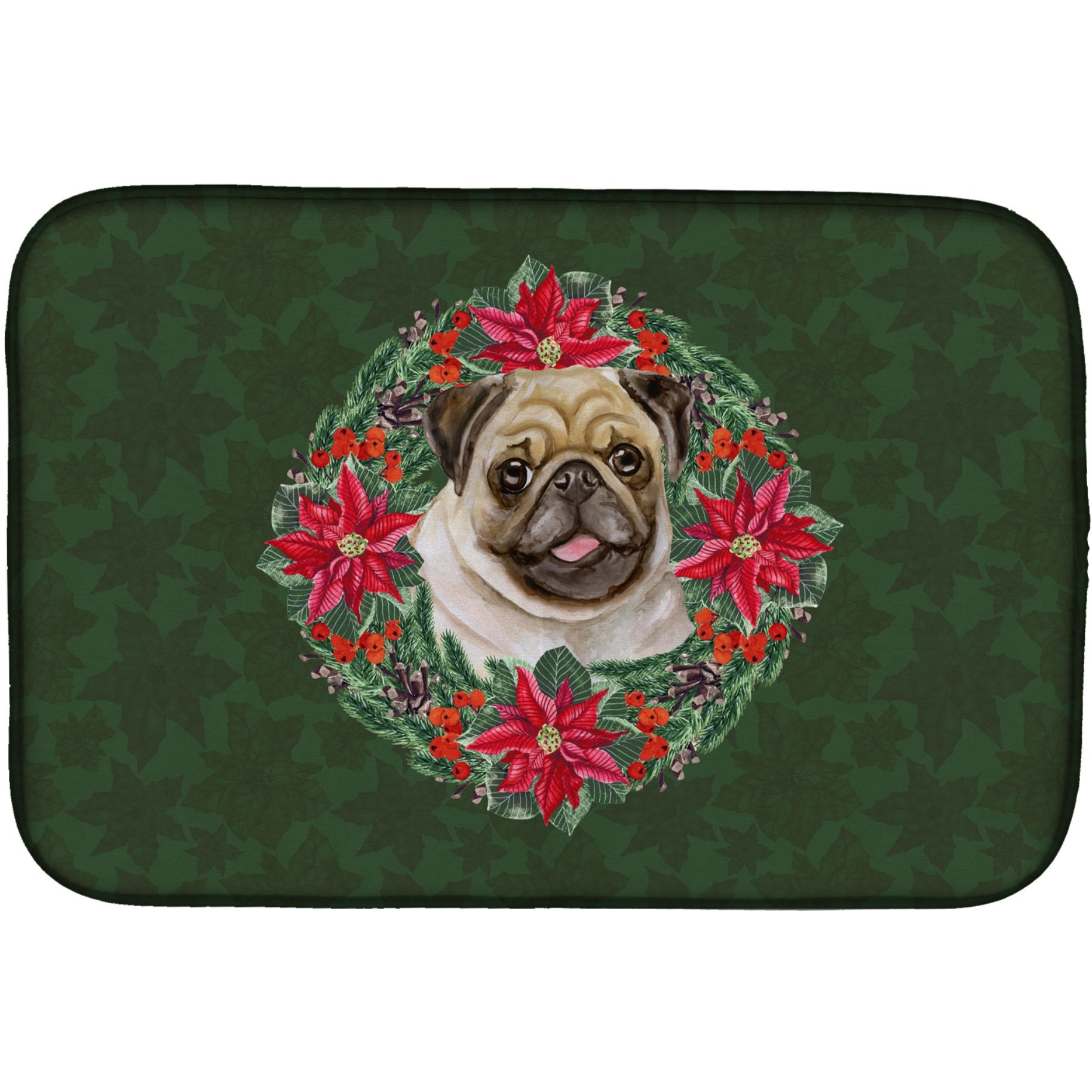 &quotCaroline's Treasures Fawn Pug Poinsettia Dish Drying Mat, 14"" x 21"", Christmas Wreath"