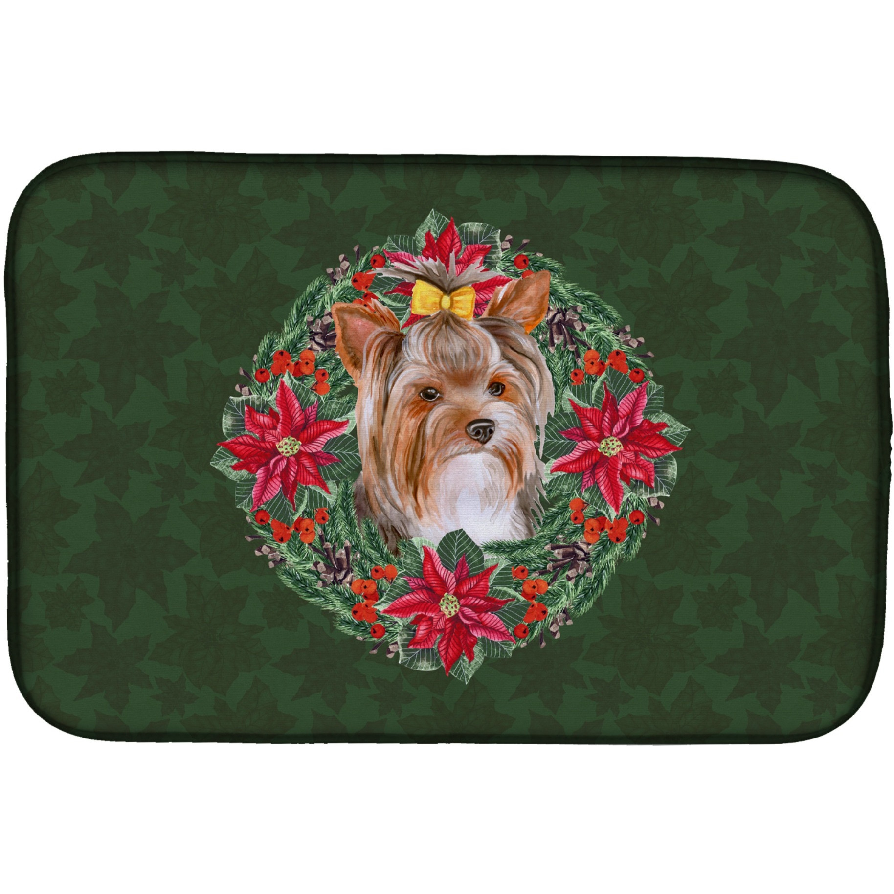 &quotCaroline's Treasures Yorkshire Terrier 2 Poinsetta Dish Drying Mat, 14"" x 21"", Christmas Wreath"