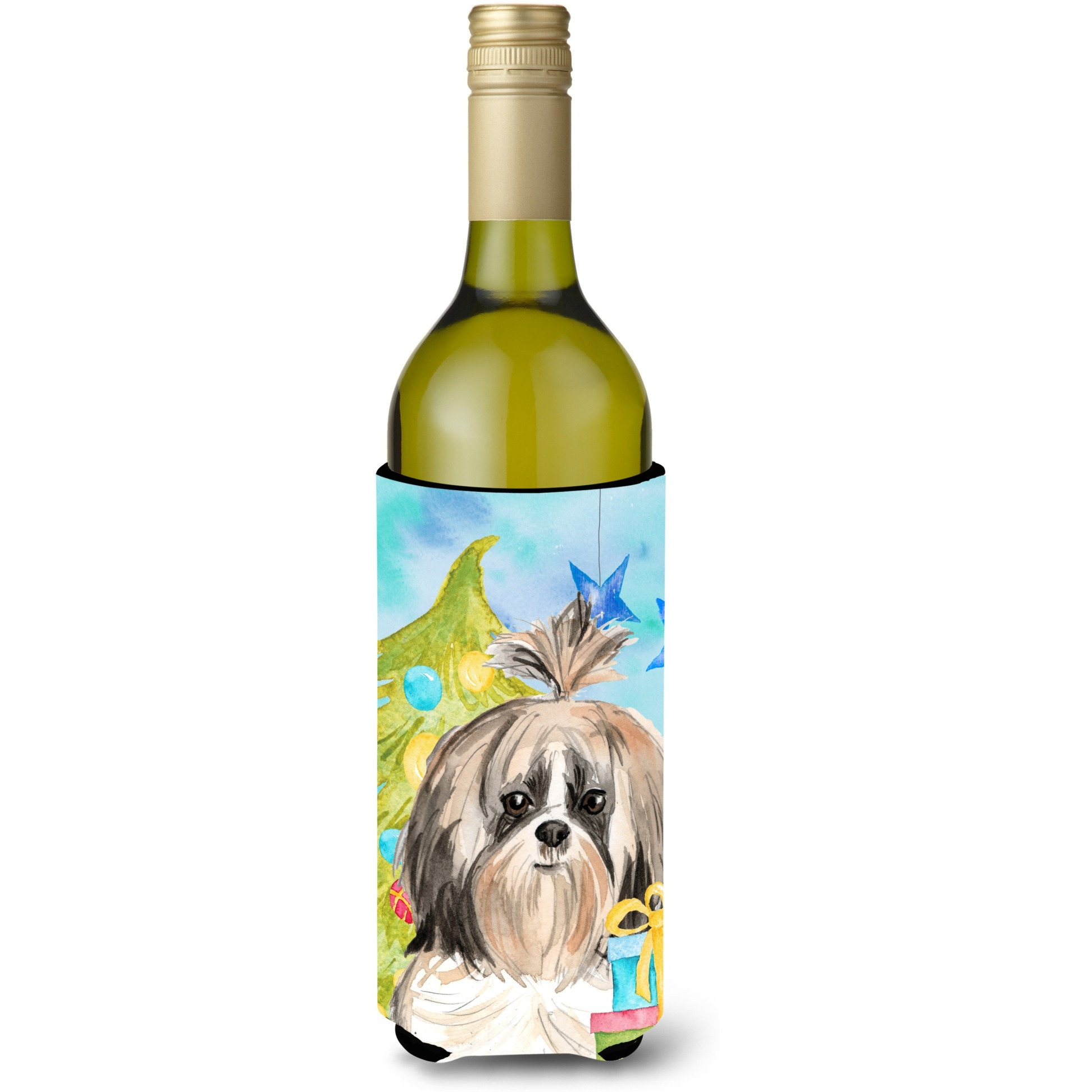 &quotCaroline's Treasures CK1863LITERK Christmas Tree Shih Tzu Wine Bottle Hugger cold-beverage-koozies, 750 ml, Multicolor"