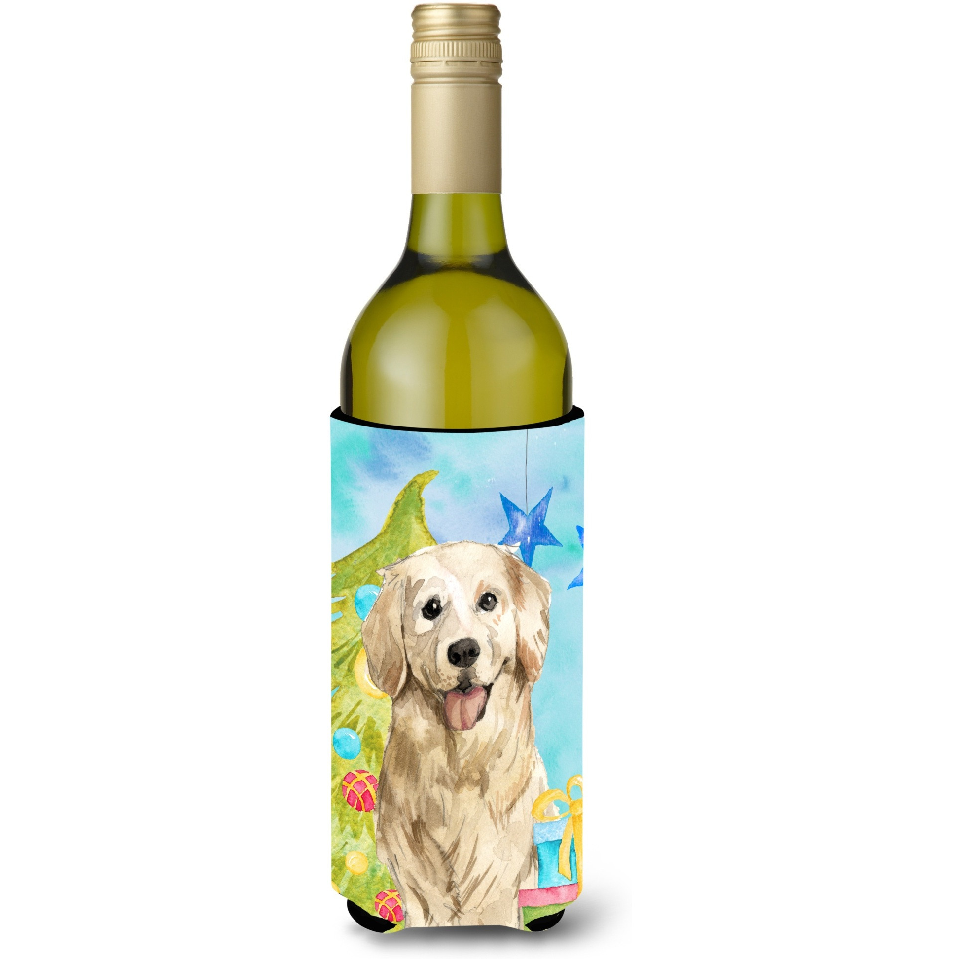 &quotCaroline's Treasures CK1878LITERK Christmas Tree Golden Retriever Wine Bottle Hugger cold-beverage-koozies, 750 ml, Multicolor"