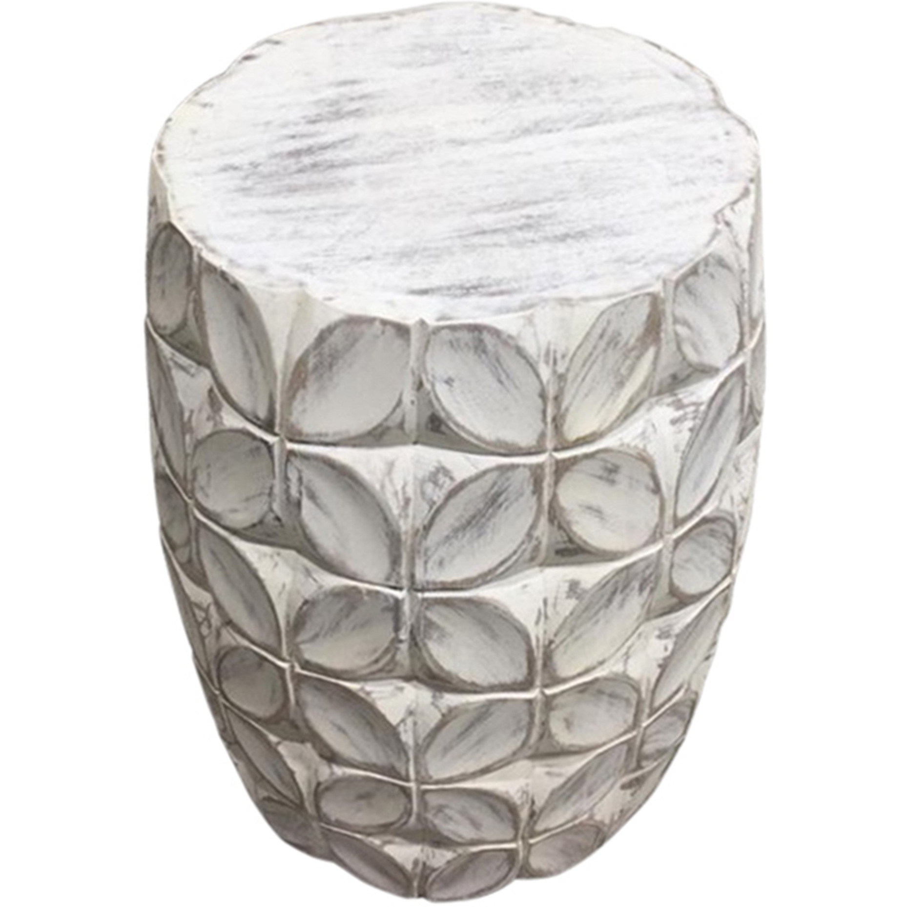 Fig Solid Mango Wood Accent Table in Distressed White Finish w/ Leaf Motif by Diamond Sofa