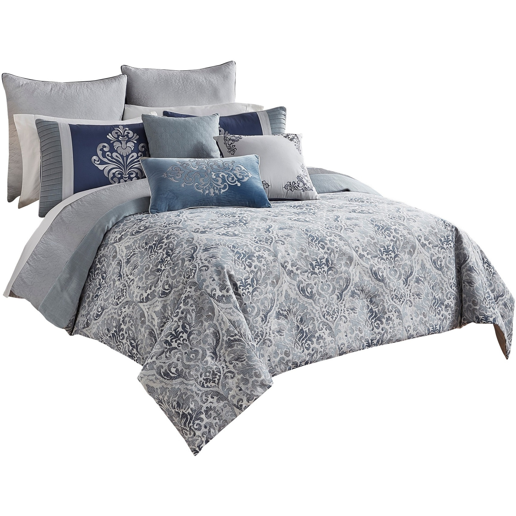 9 Piece Queen Polyester Comforter Set with Damask Prints, Blue and Gray