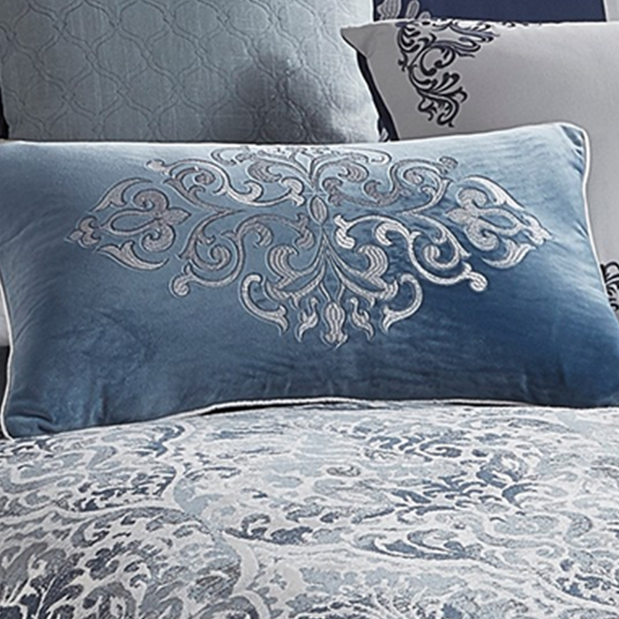 9 Piece Queen Polyester Comforter Set with Damask Prints, Blue and Gray