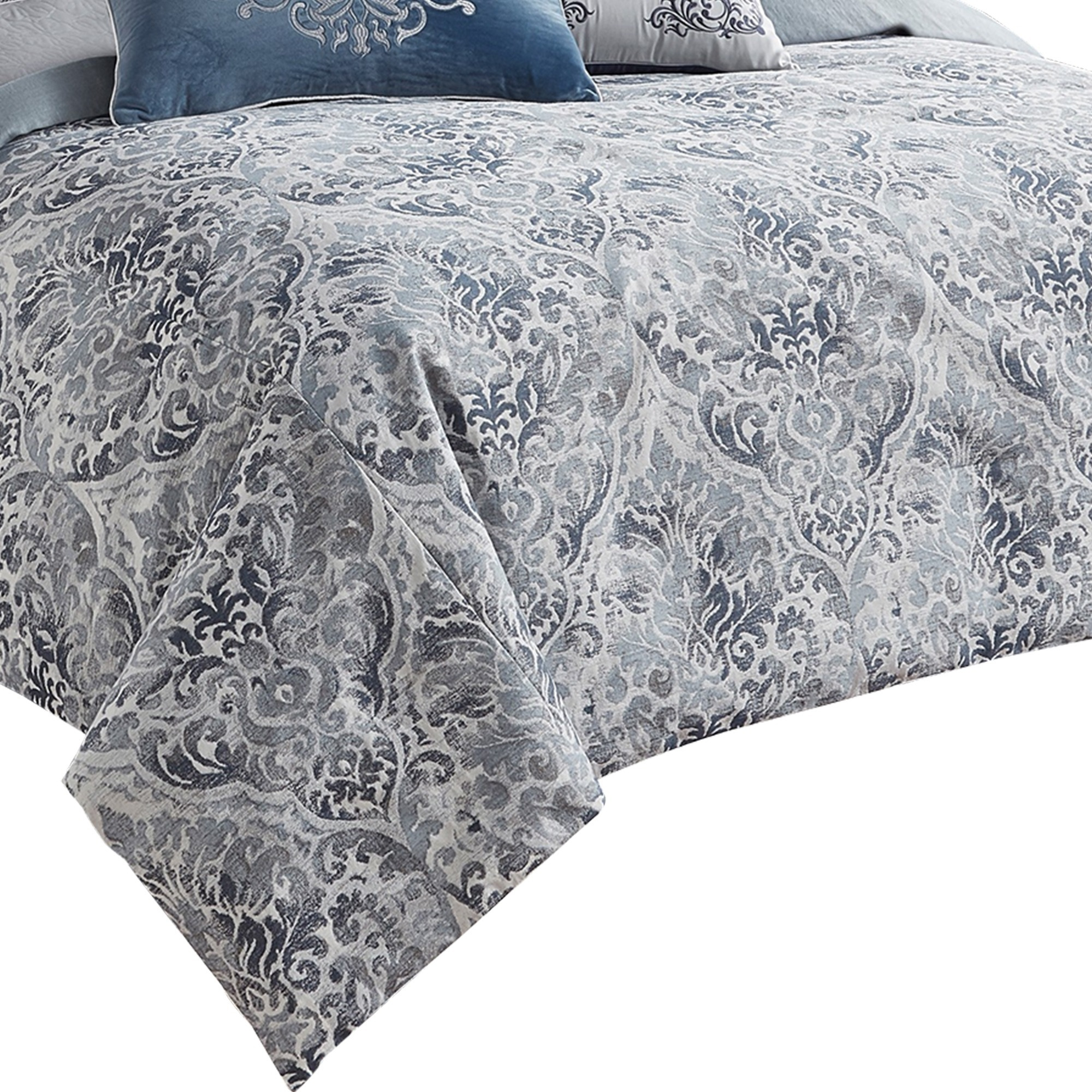 9 Piece Queen Polyester Comforter Set with Damask Prints, Blue and Gray