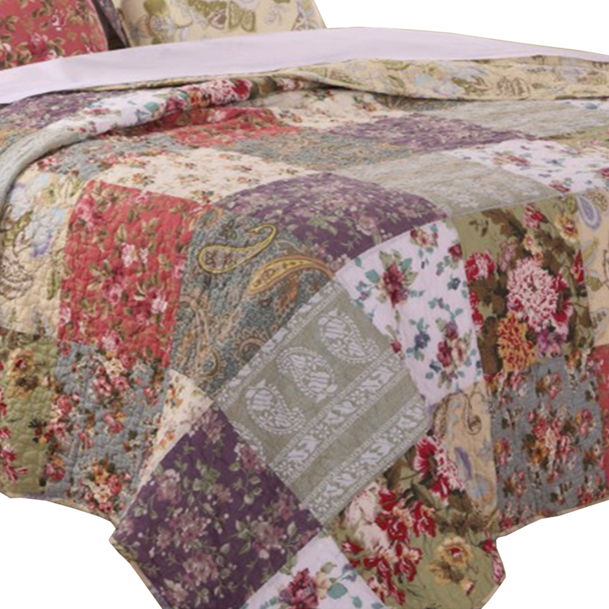Chicago 5 Piece Fabric Queen Size Quilt Set with Jacobean Prints,Multicolor