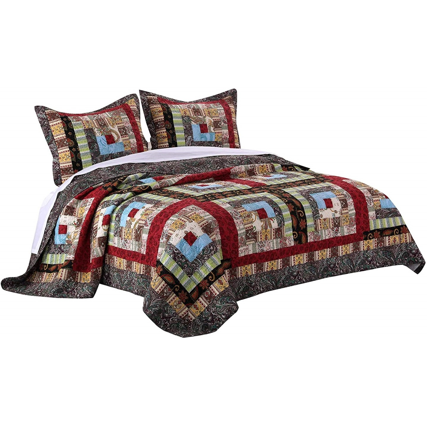 Thames 3 Piece King Size Cotton Quilt Set with Log Cabin Pattern, Multicolor