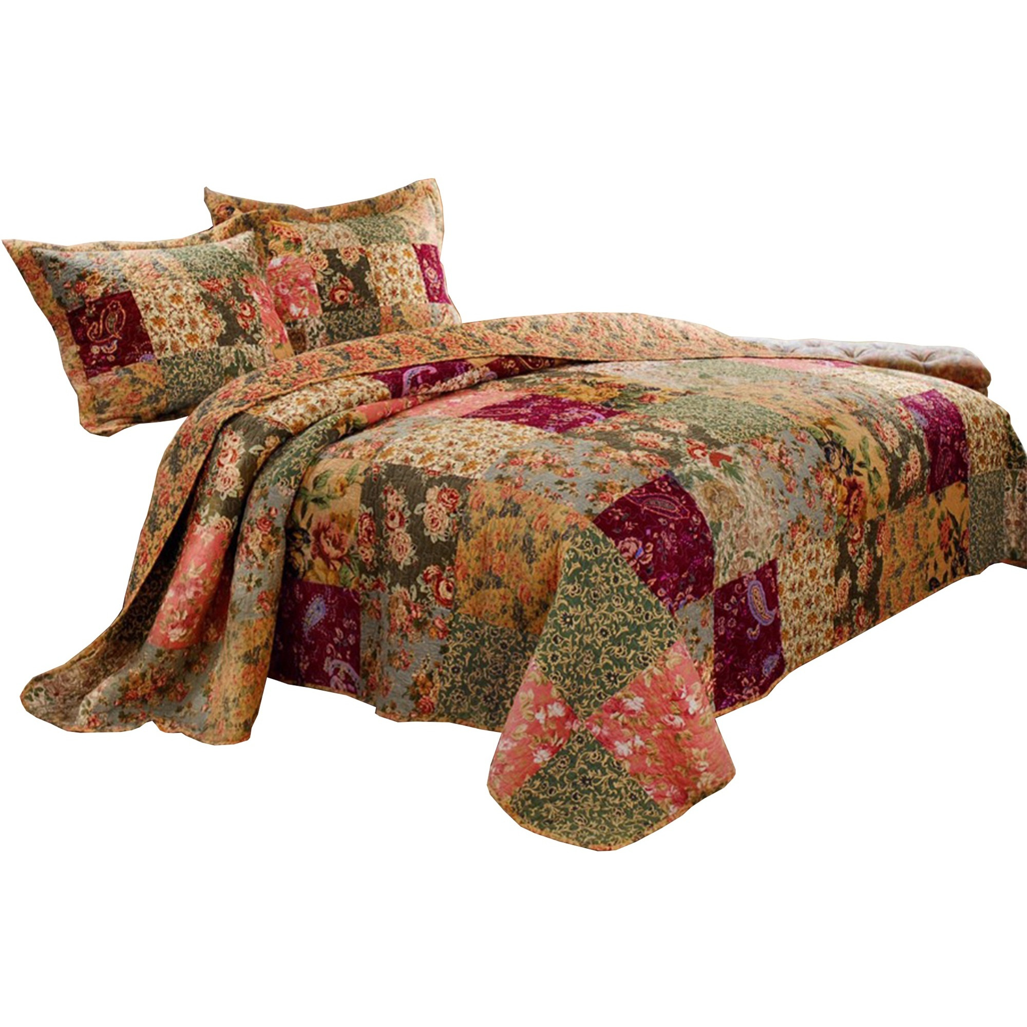 Kamet 3 Piece Fabric Full Size Bedspread Set with Floral Prints, Multicolor