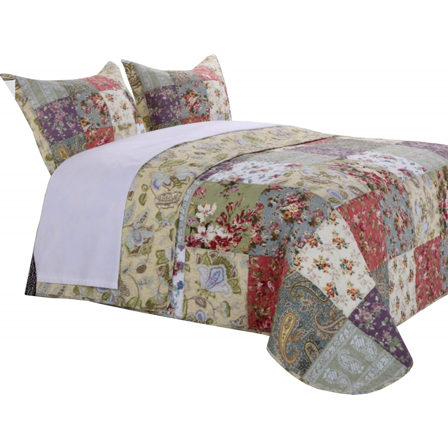 Eiger 3 Piece Fabric Queen Size Quilt Set with Jacobean Prints, Multicolor