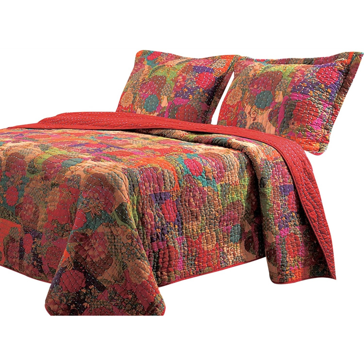 Tisa 3 Piece Reversible King Quilt Set with Floral and Fruit Pattern, Multicolor