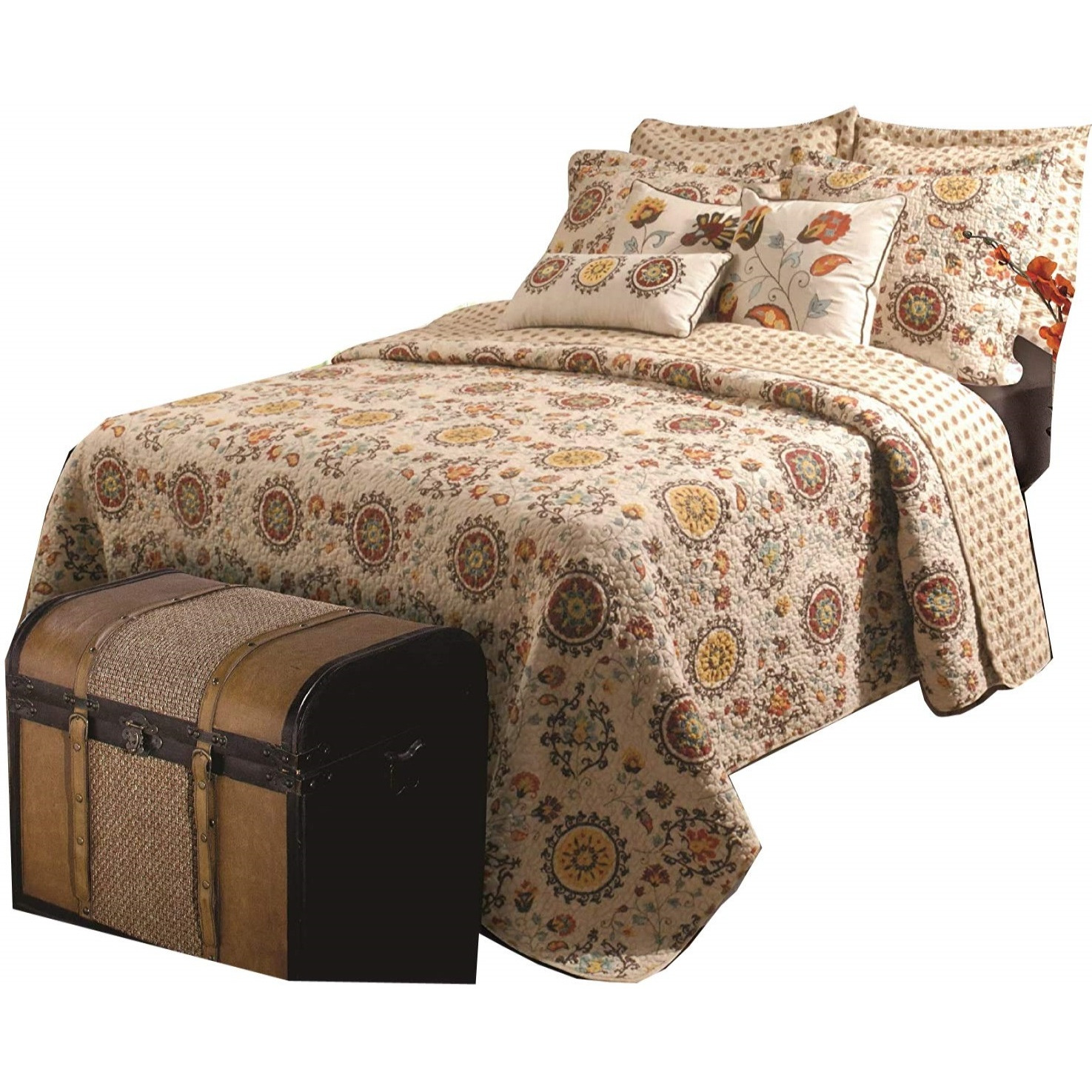 Elbe 5 Piece Queen Quilt Set with Medallion and Floral Pattern, Beige and Brown