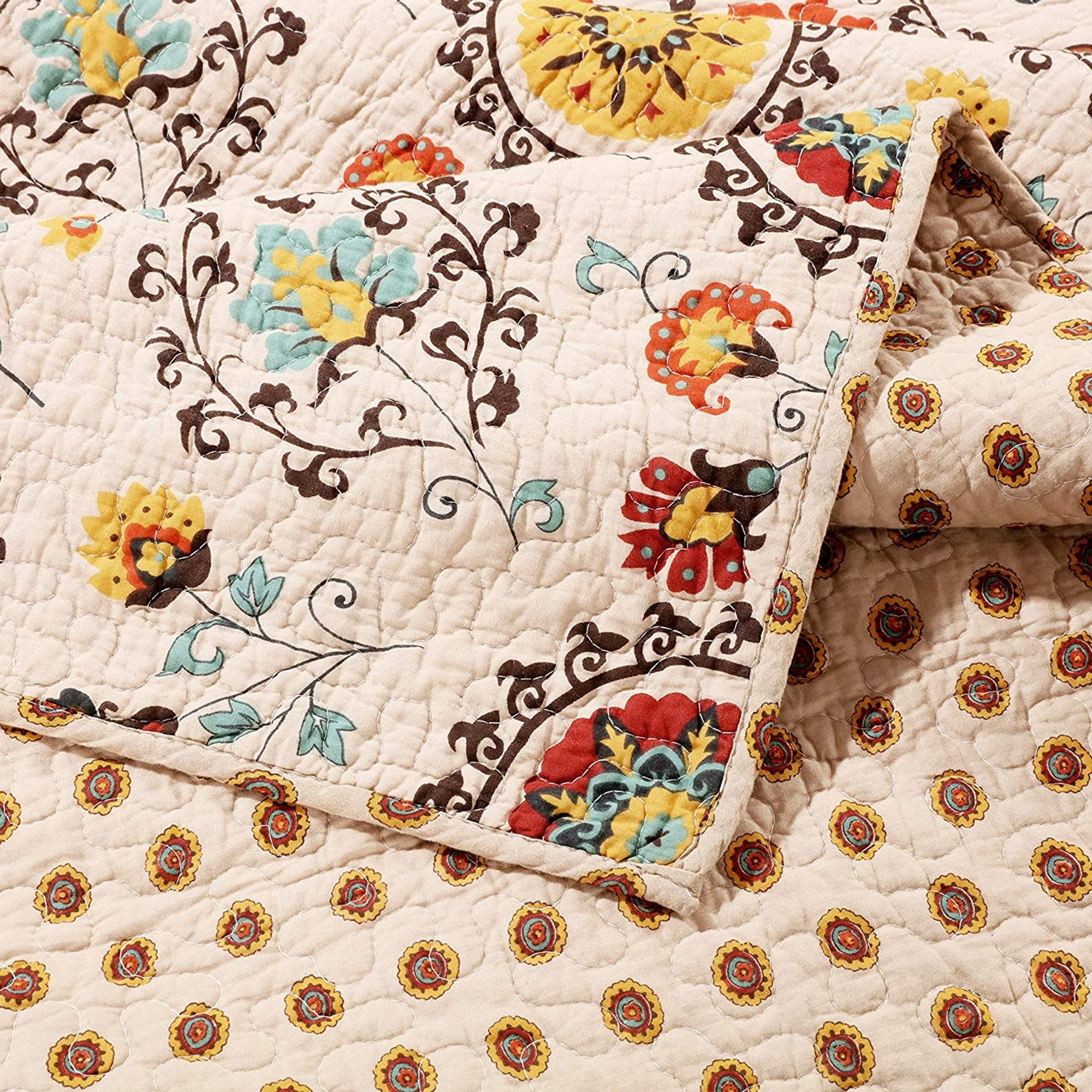 Elbe 5 Piece Queen Quilt Set with Medallion and Floral Pattern, Beige and Brown