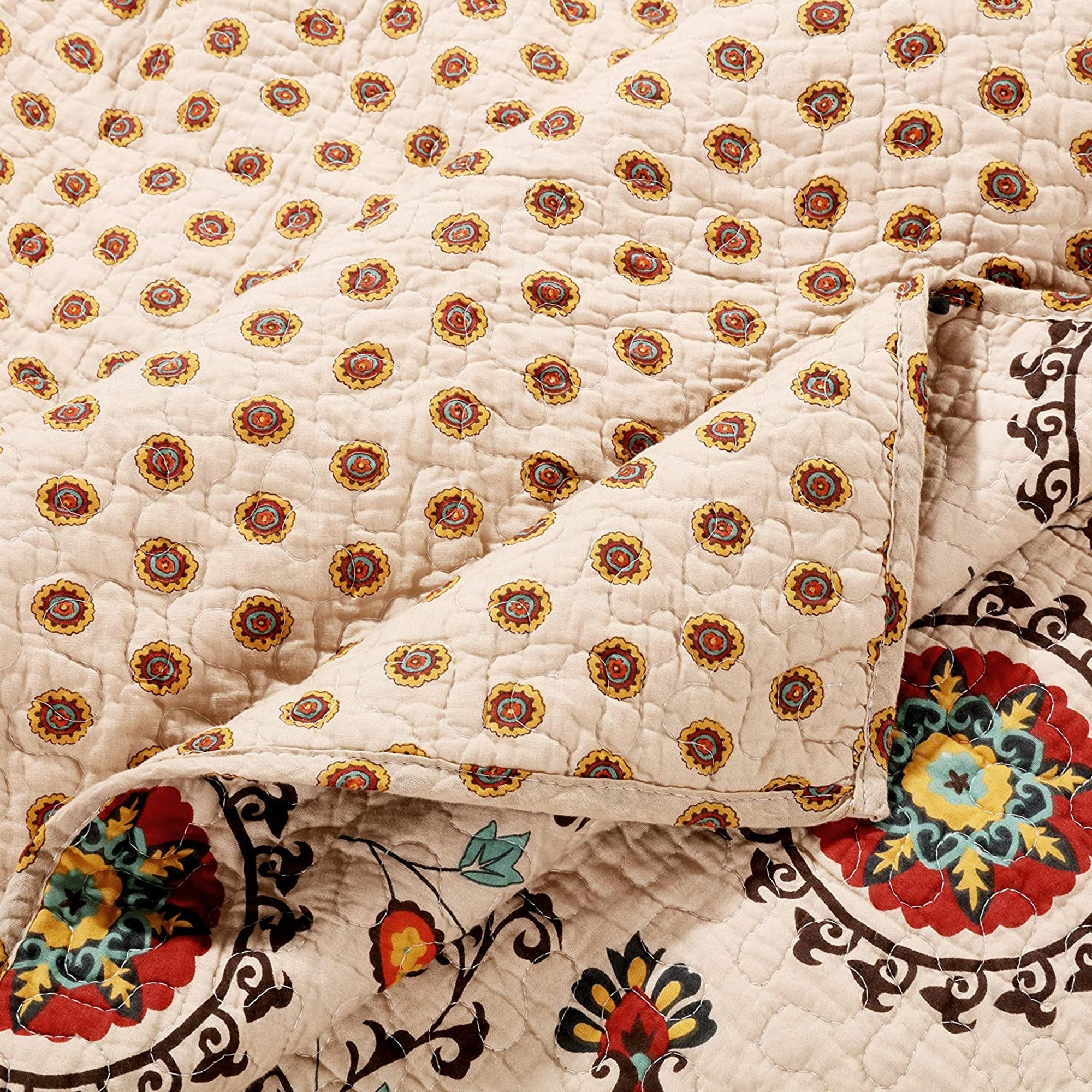 Elbe 5 Piece Queen Quilt Set with Medallion and Floral Pattern, Beige and Brown
