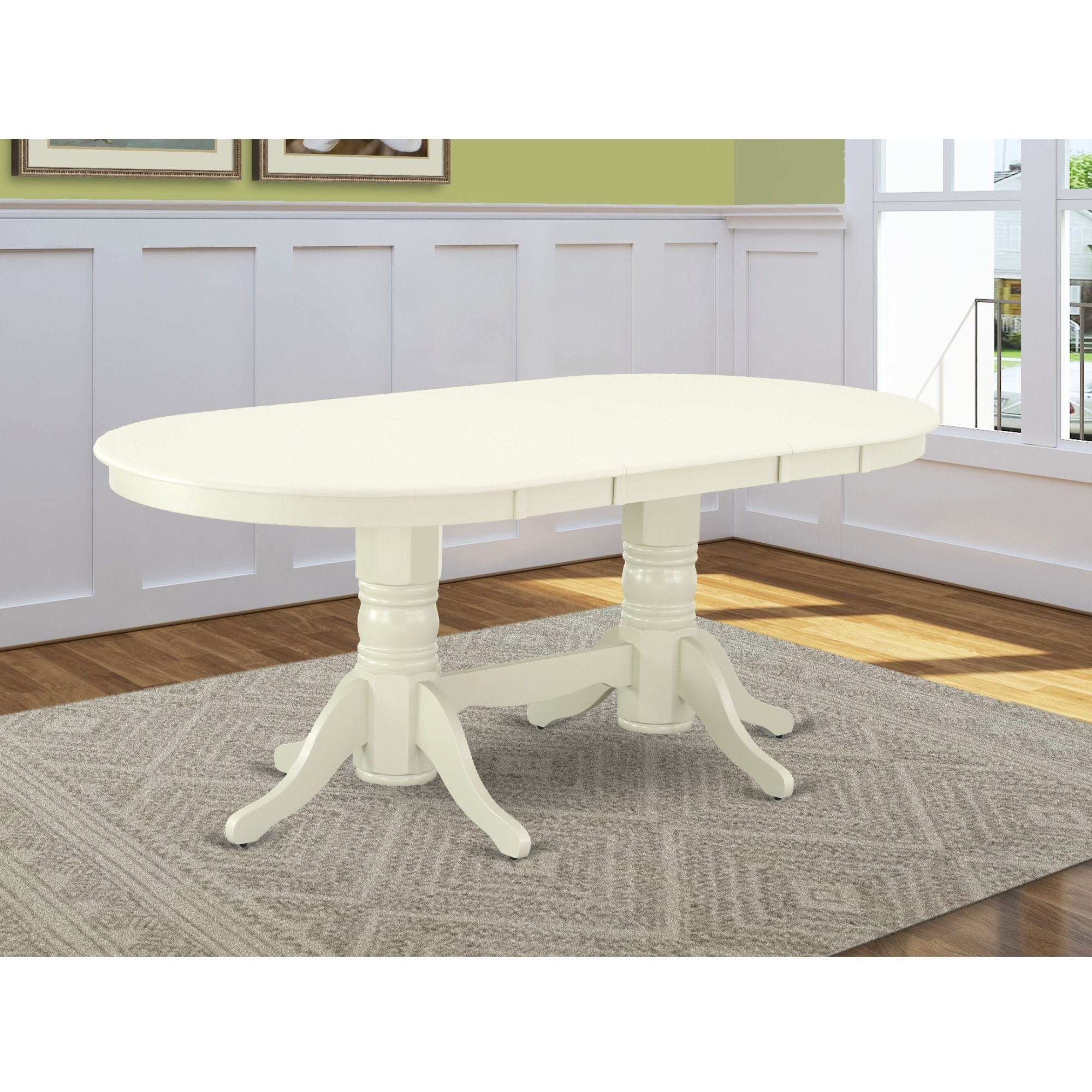 VAT-LWH-TP Vancouver Oval Double Pedestal dining room Table with 17" Butterfly Leaf in Linen White Finish