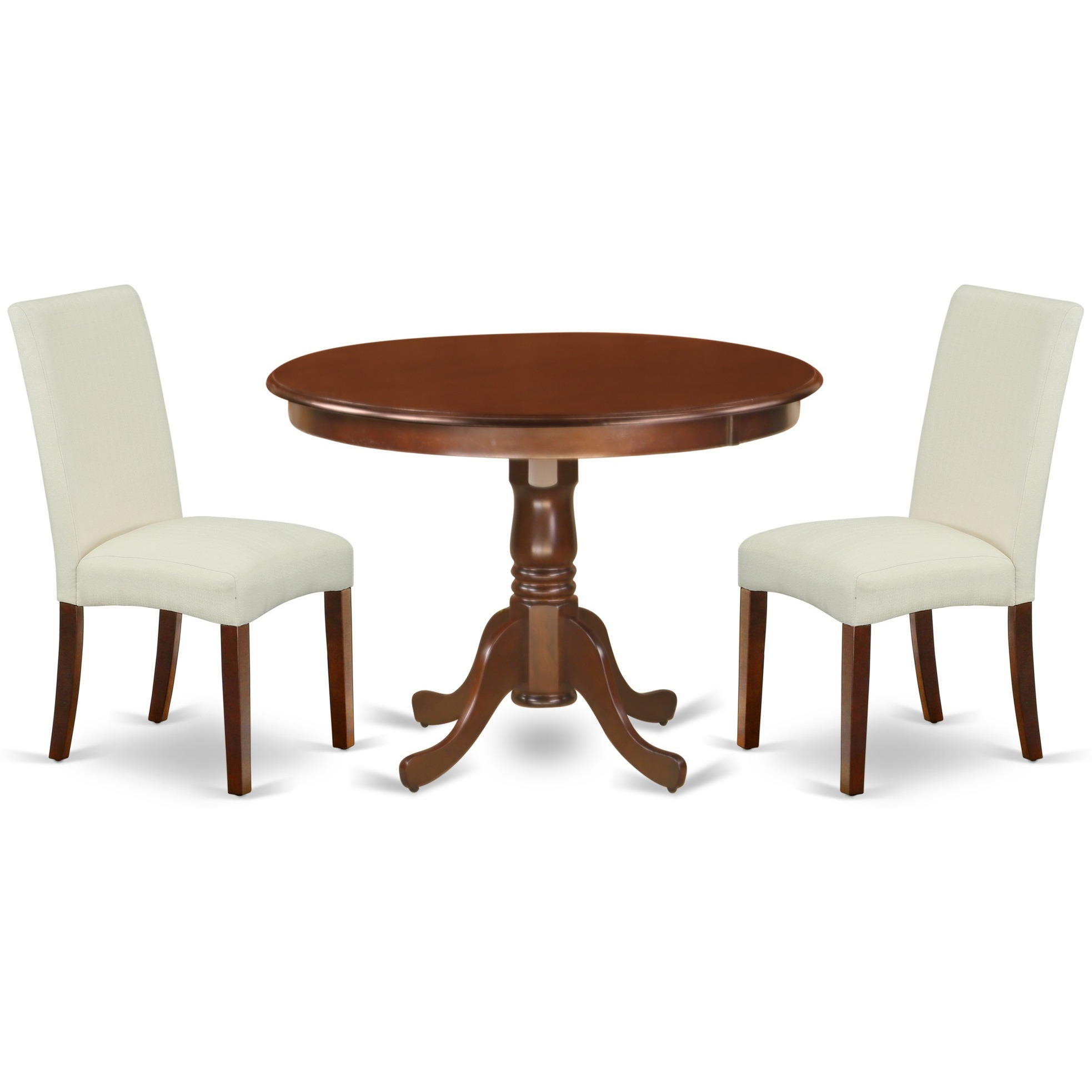 HLDR3-MAH-01 3Pc Round 42" Dining Table And Two Parson Chair With Mahogany Finish Leg And Linen Fabric- Cream Color