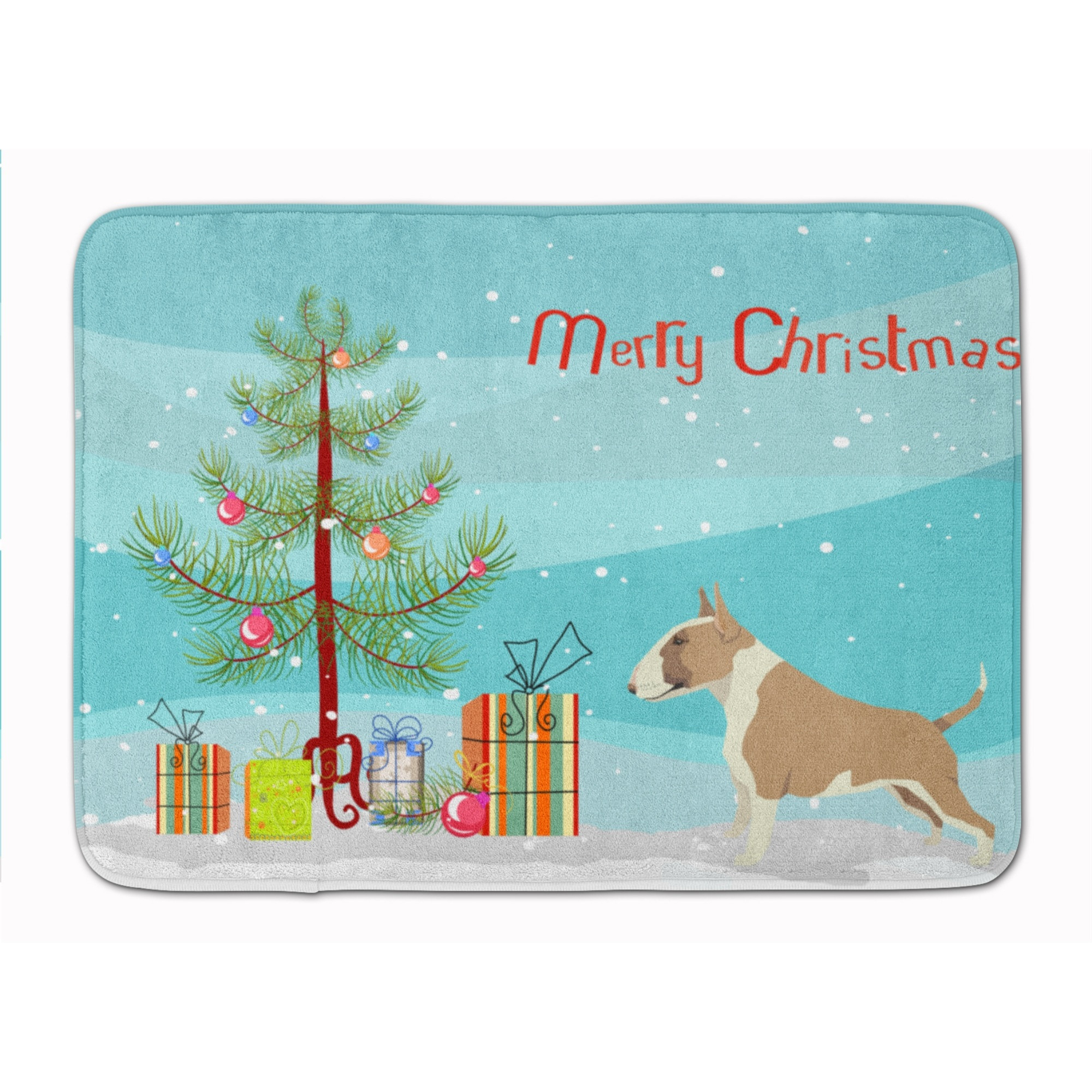 &quotCaroline's Treasures Fawn and White Bull Terrier Christmas Tree Machine Washable Memory Foam Mat doormats, Multicolor"