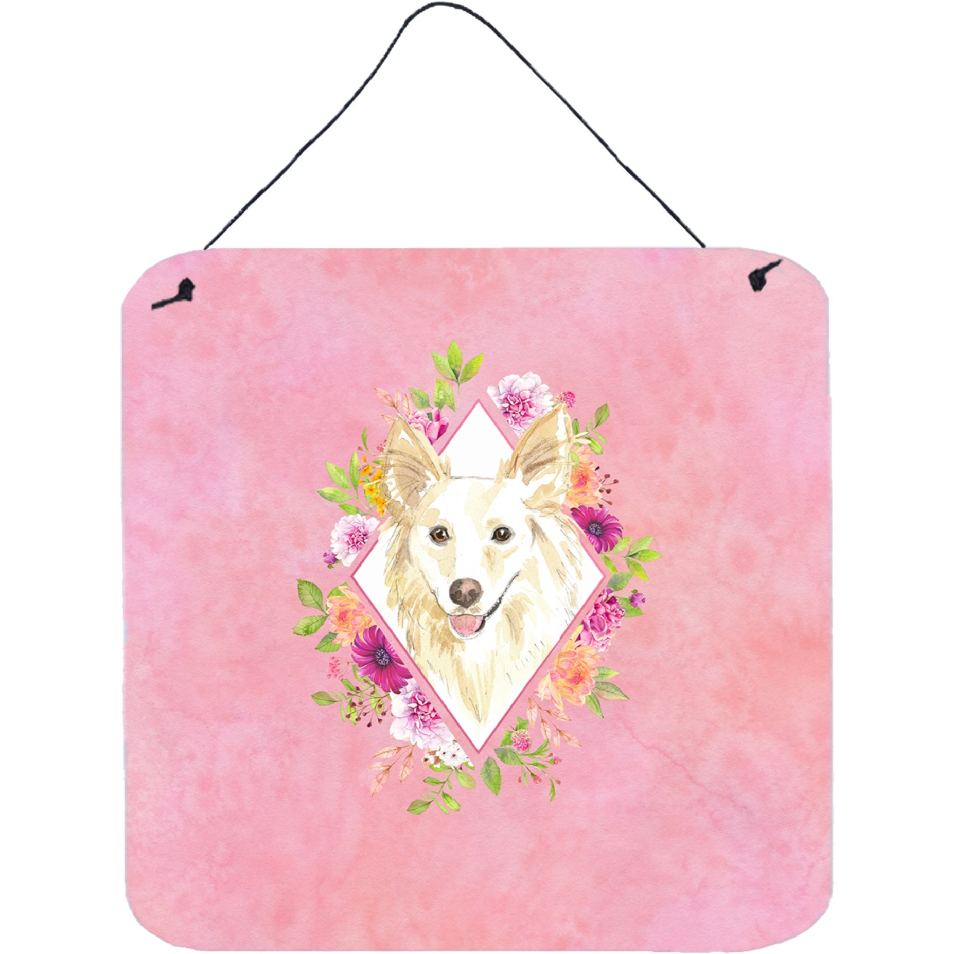 &quotCaroline's Treasures White Collie Pink Flowers Door Hanging Prints wall-decor, Multicolor"