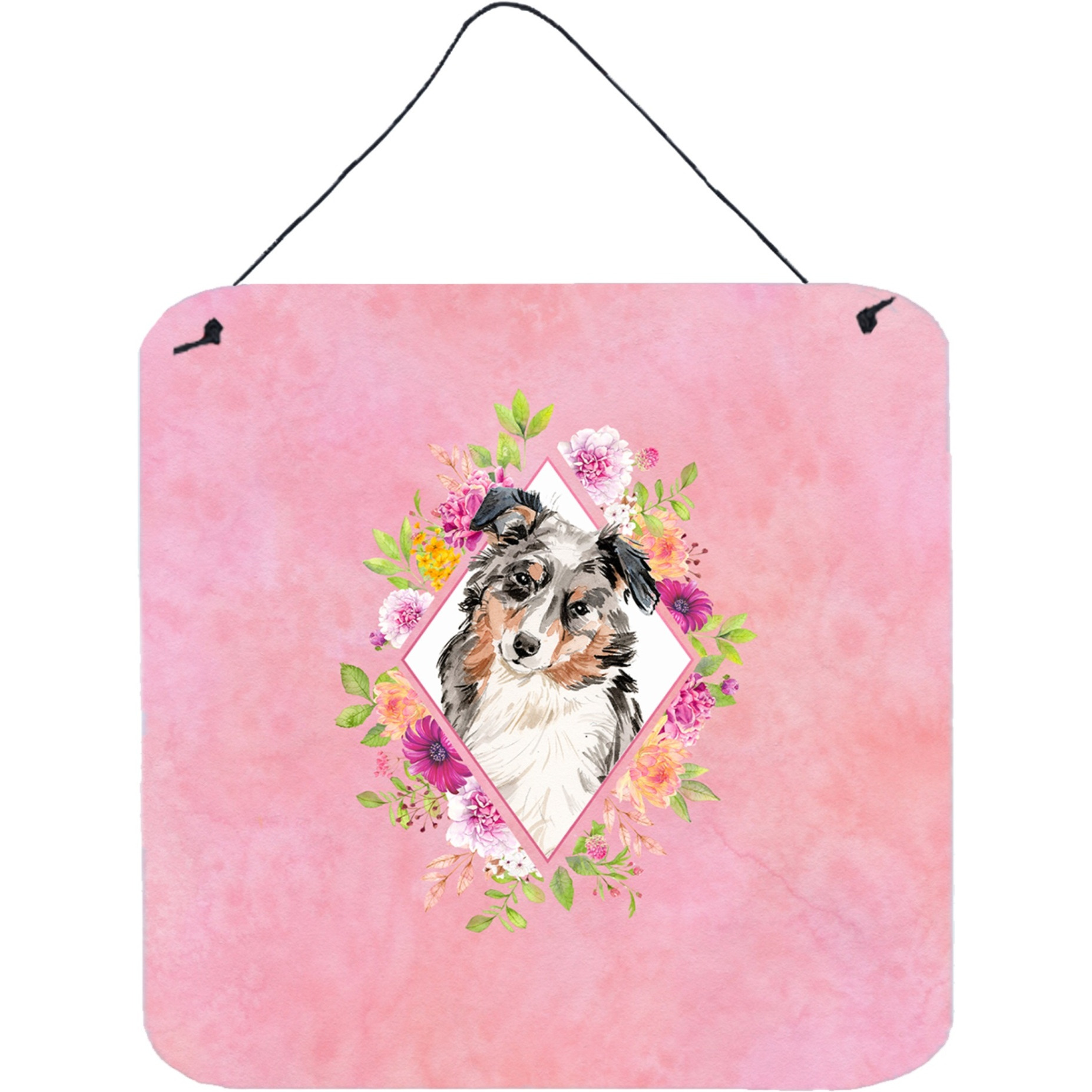 &quotCaroline's Treasures Australian Shepherd Pink Flowers Door Hanging Prints wall-decor, Multicolor"