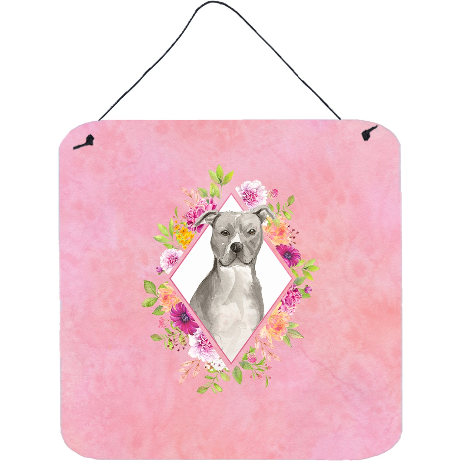 &quotCaroline's Treasures Blue Pit Bull Terrier Pink Flowers Door Hanging Prints wall-decor, Multicolor"