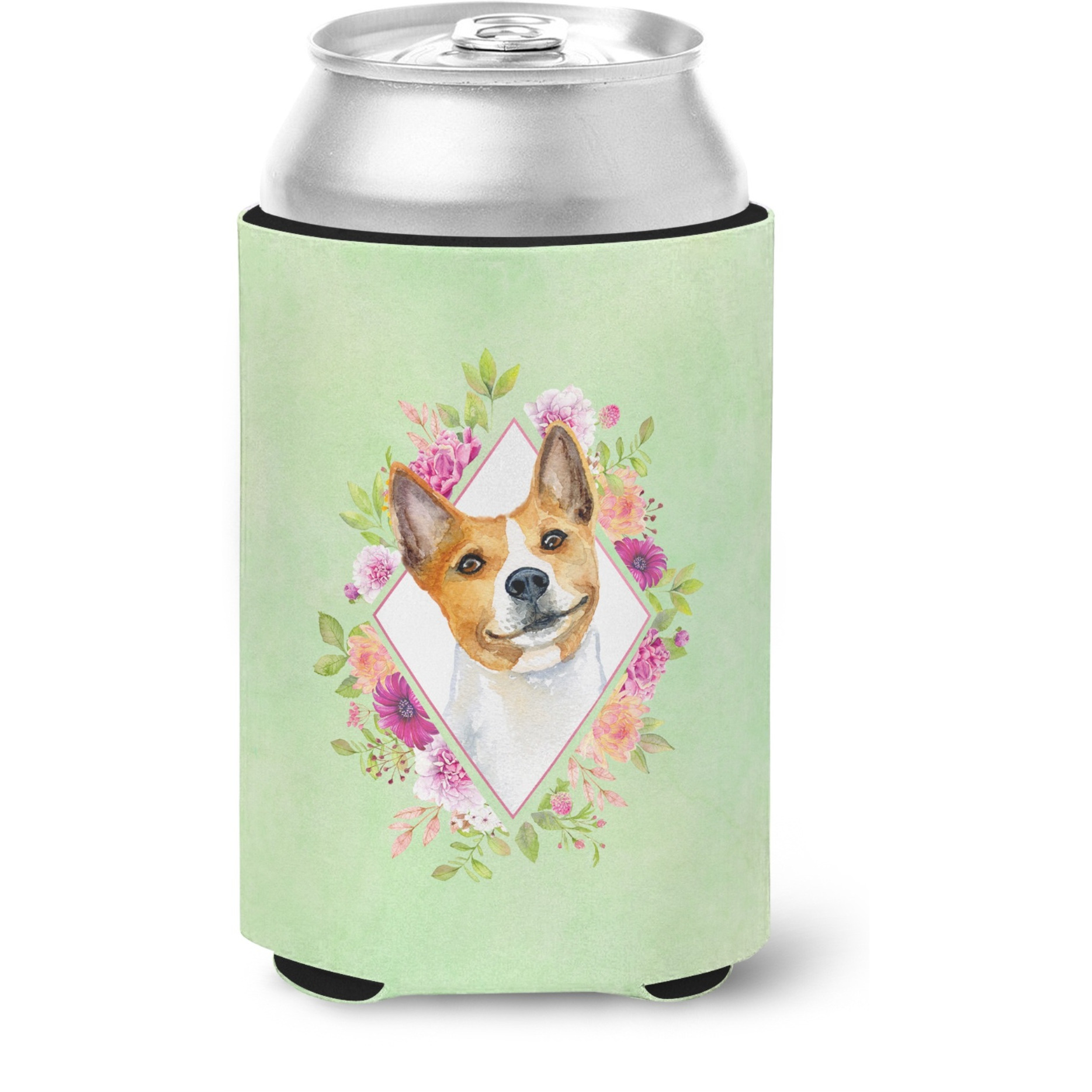 &quotCaroline's Treasures CK4275CC Basenji Green Flowers Can or Bottle Hugger cold-beverage-koozies, 12 oz, Multicolor"