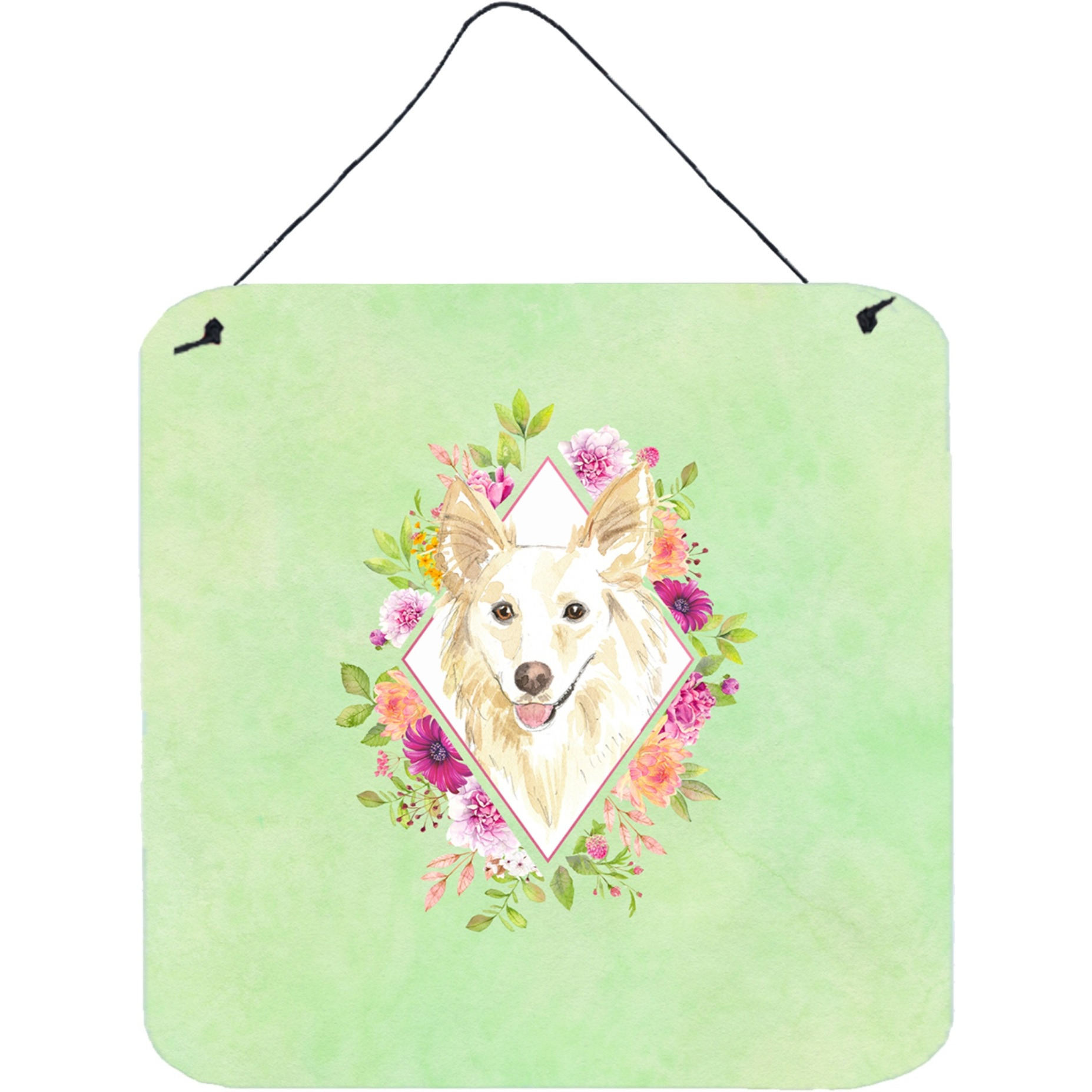 &quotCaroline's Treasures White Collie Green Flowers Door Hanging Prints wall-decor, Multicolor"