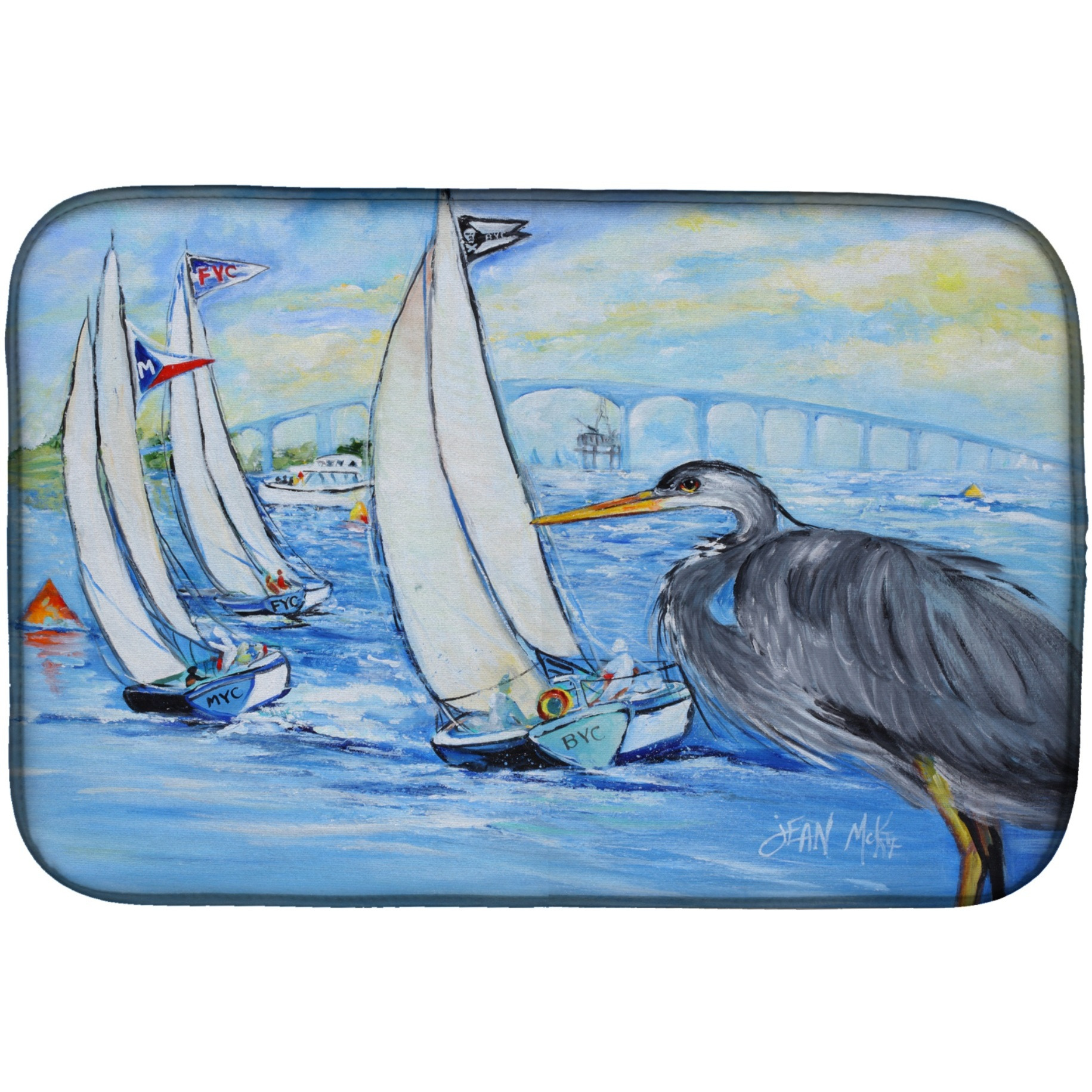 &quotCaroline's Treasures Blue Heron Sailboats Dog River Bridge Dish Drying Mat, 14"" x 21"", Multicolor"