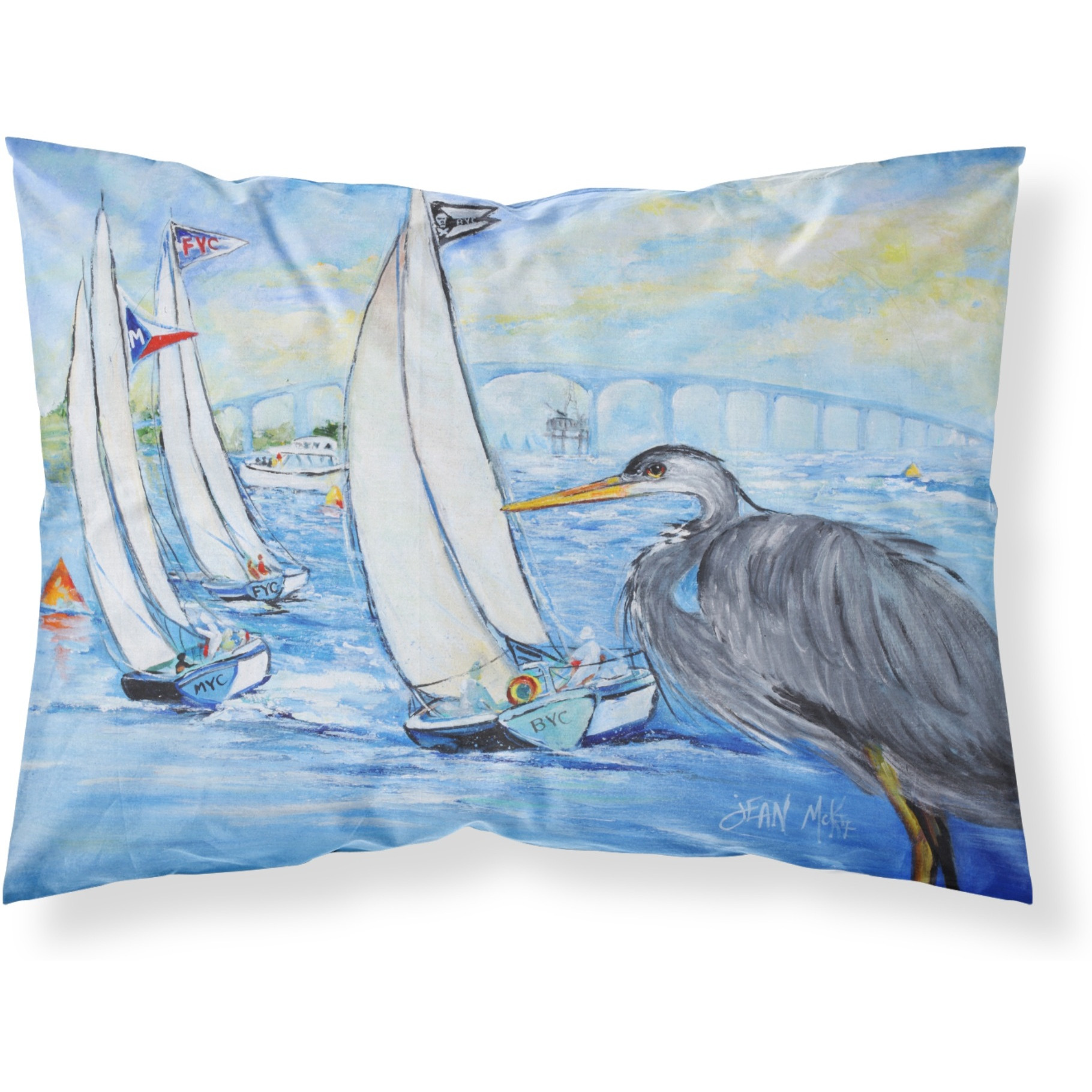 &quotCaroline's Treasures JMK1001PILLOWCASE Blue Heron Sailboats Dog River Bridge Fabric Standard Pillowcase, Large, Multicolor"